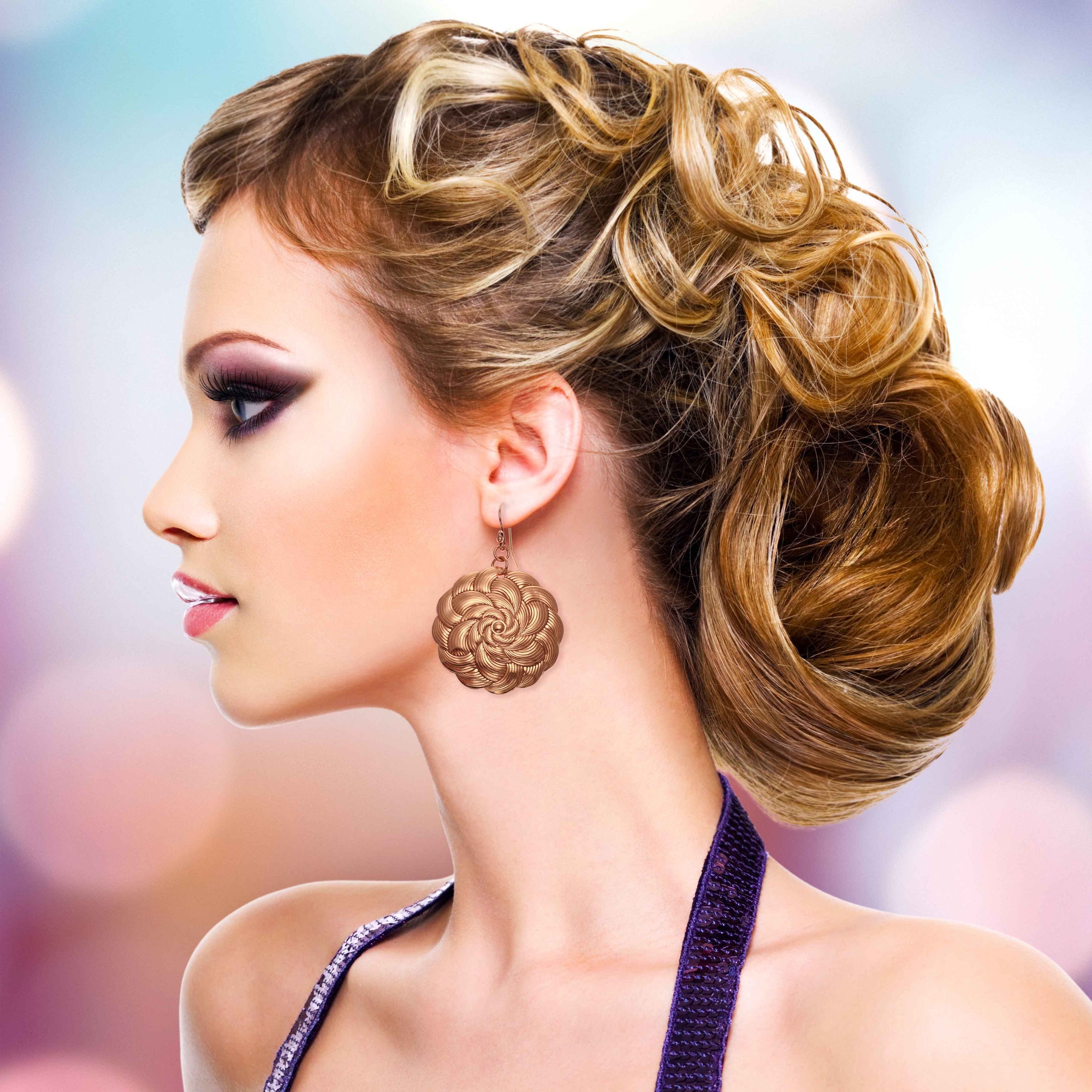 Stylish woman wearing Copper Mandala Disc Drop Earrings, exuding elegance and charm.
