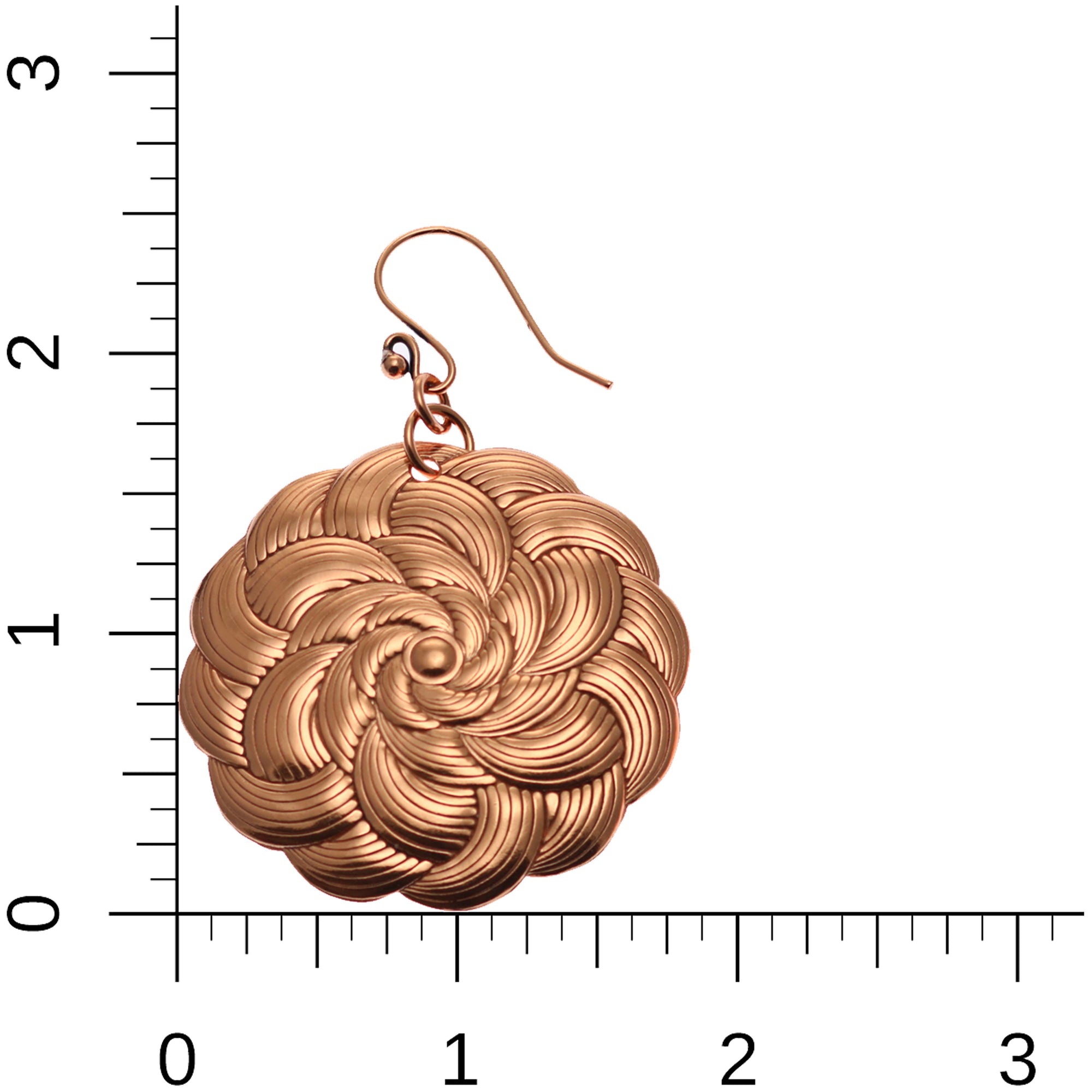 Copper Mandala Disc Earrings on Ruler for Size of Scale