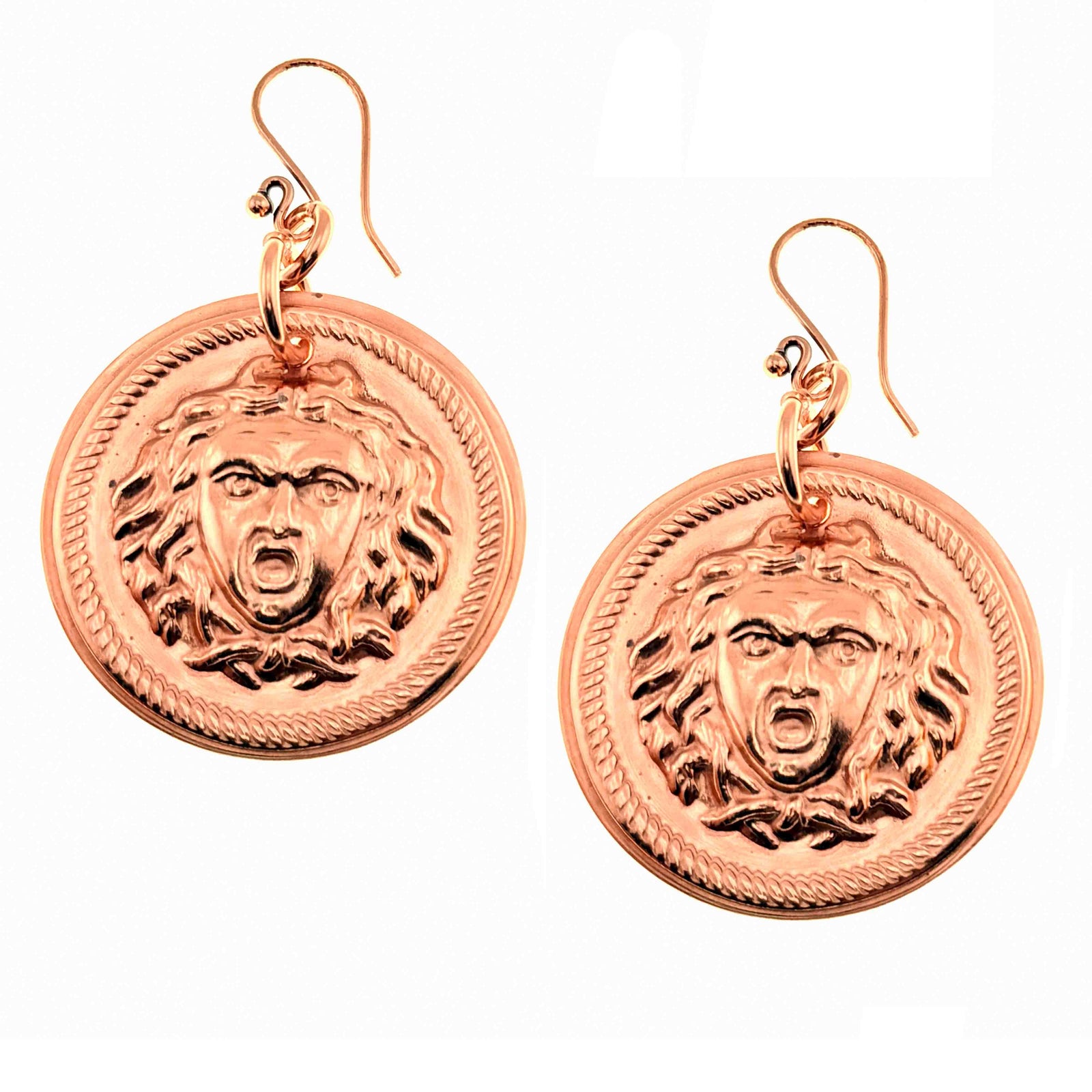Copper Medusa Disc Drop Earrings on a white background