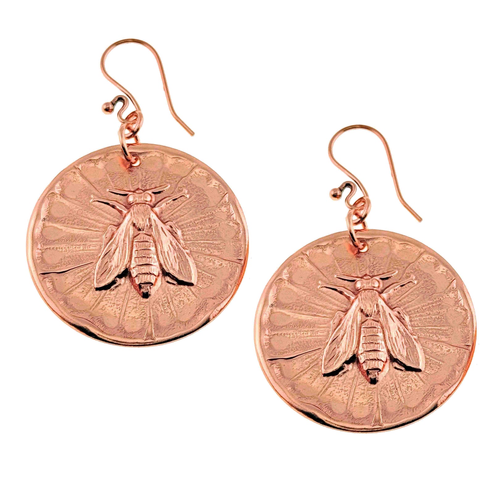 Copper Queen Bee Disc Drop Earrings on a white background