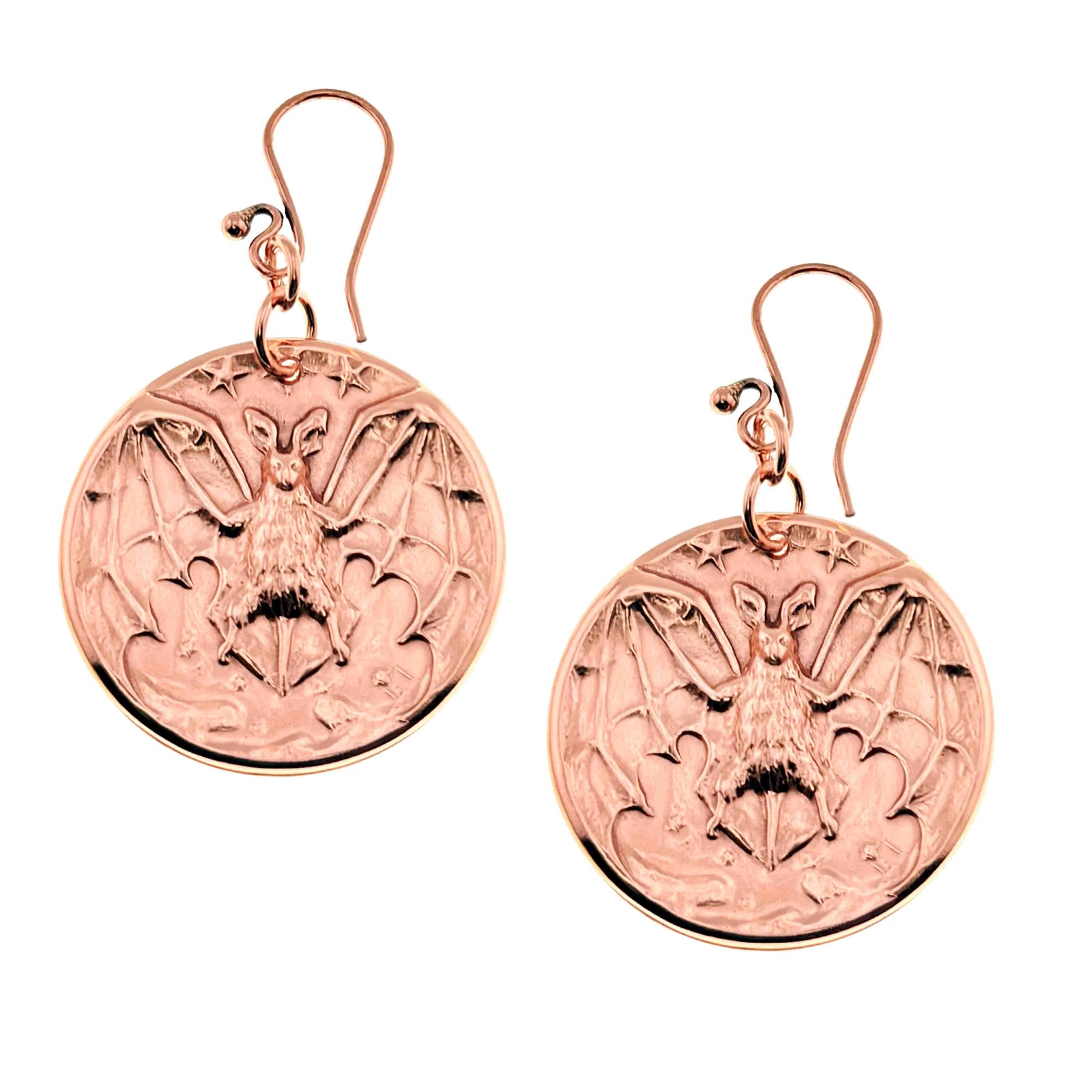 Copper Vampire Bat Disc Dangle Earrings on a white background