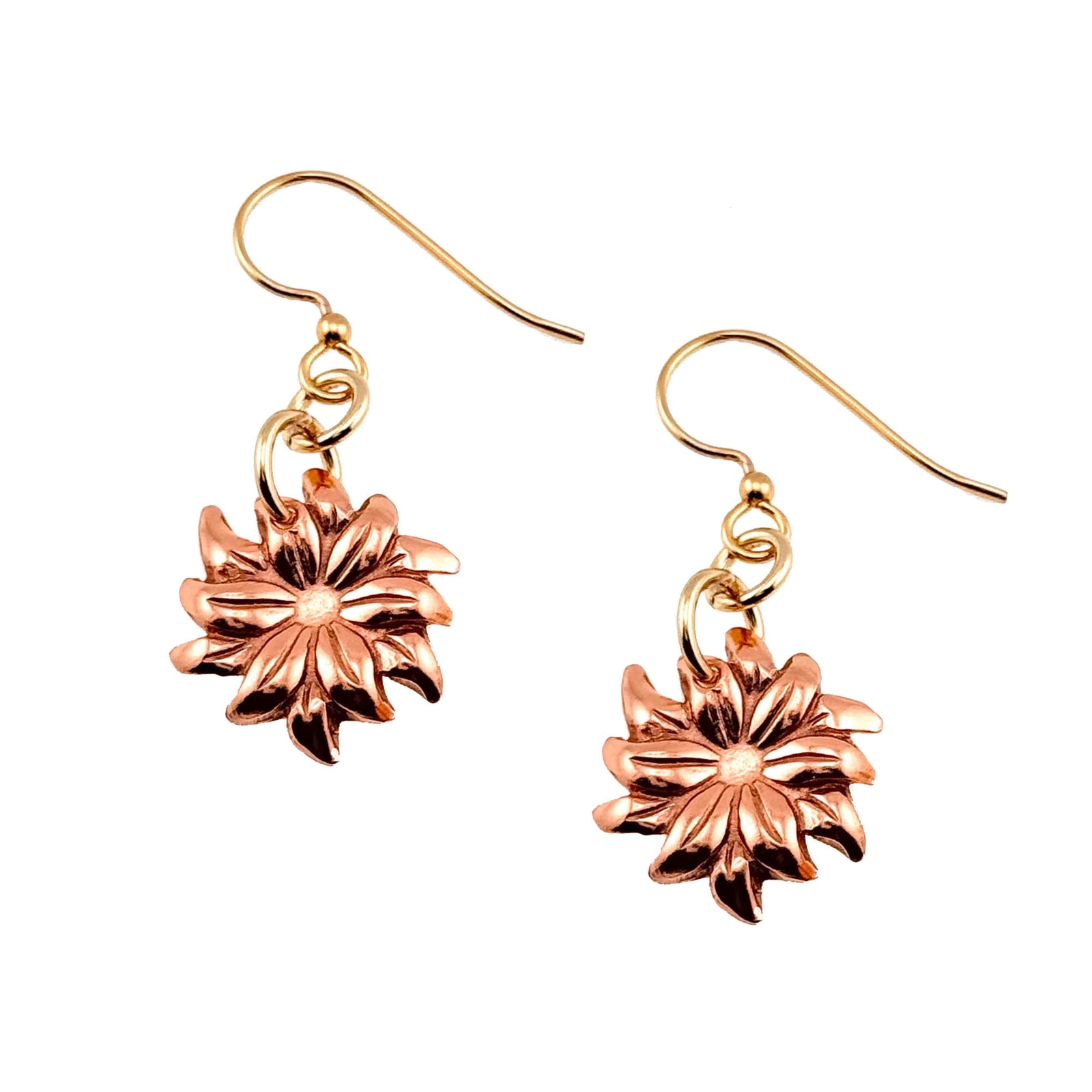 A Pair of Dainty Copper Dahlia Flower Earrings on a White Background