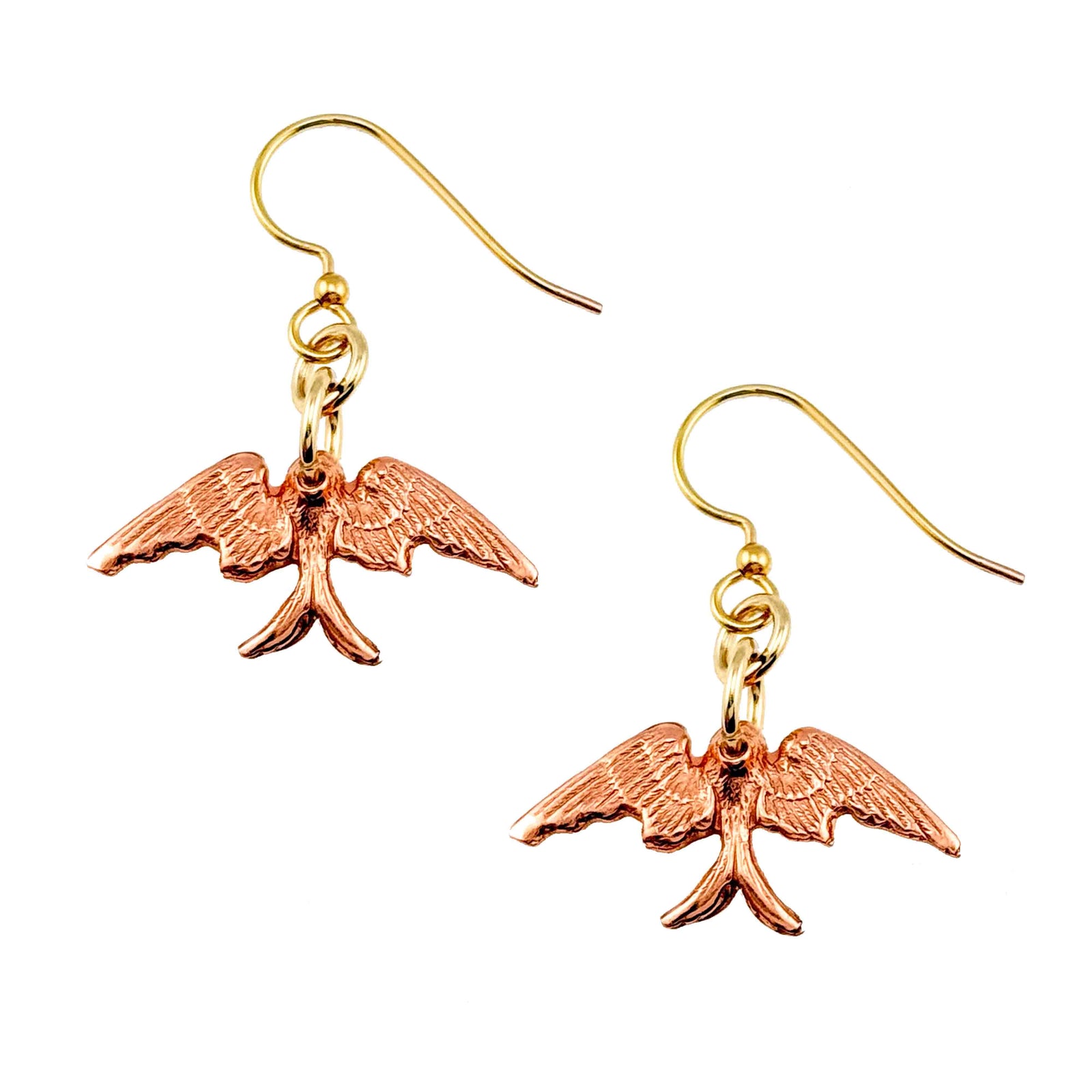 A Pair of Dainty Copper Swallow Earrings on a White Background