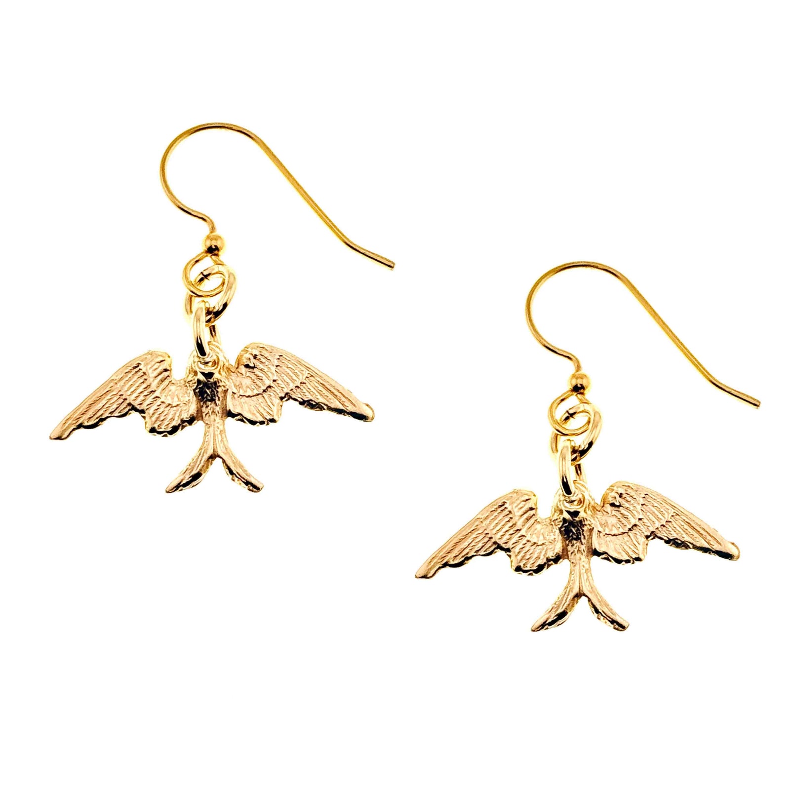 Dainty Nu Gold Brass Swallow Earrings on a white background