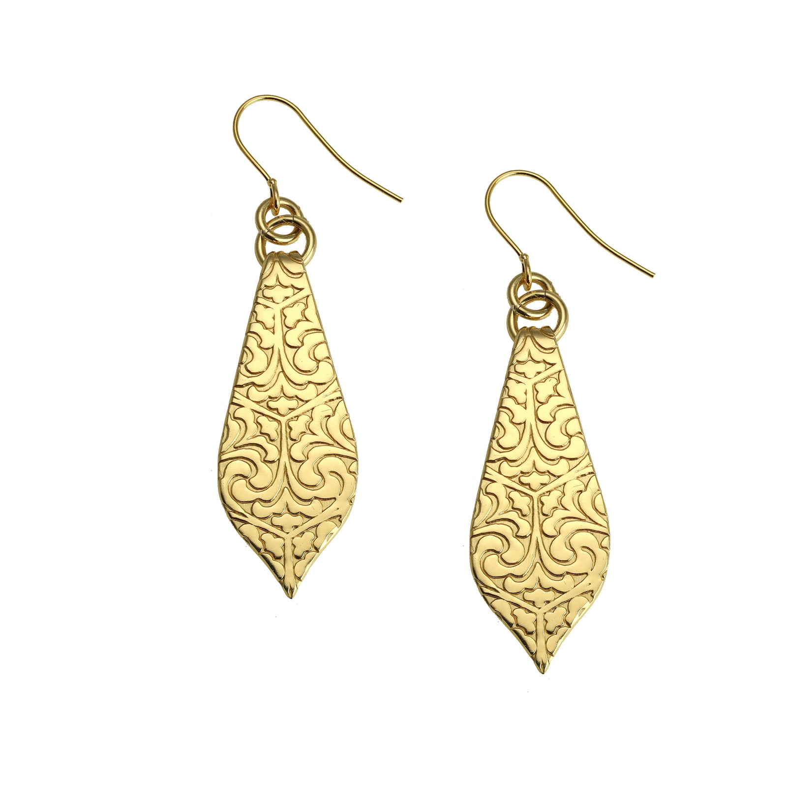 A Pair of Damask Embossed Brass Nu Gold Marrakesh Teardrop Earrings on a White Background