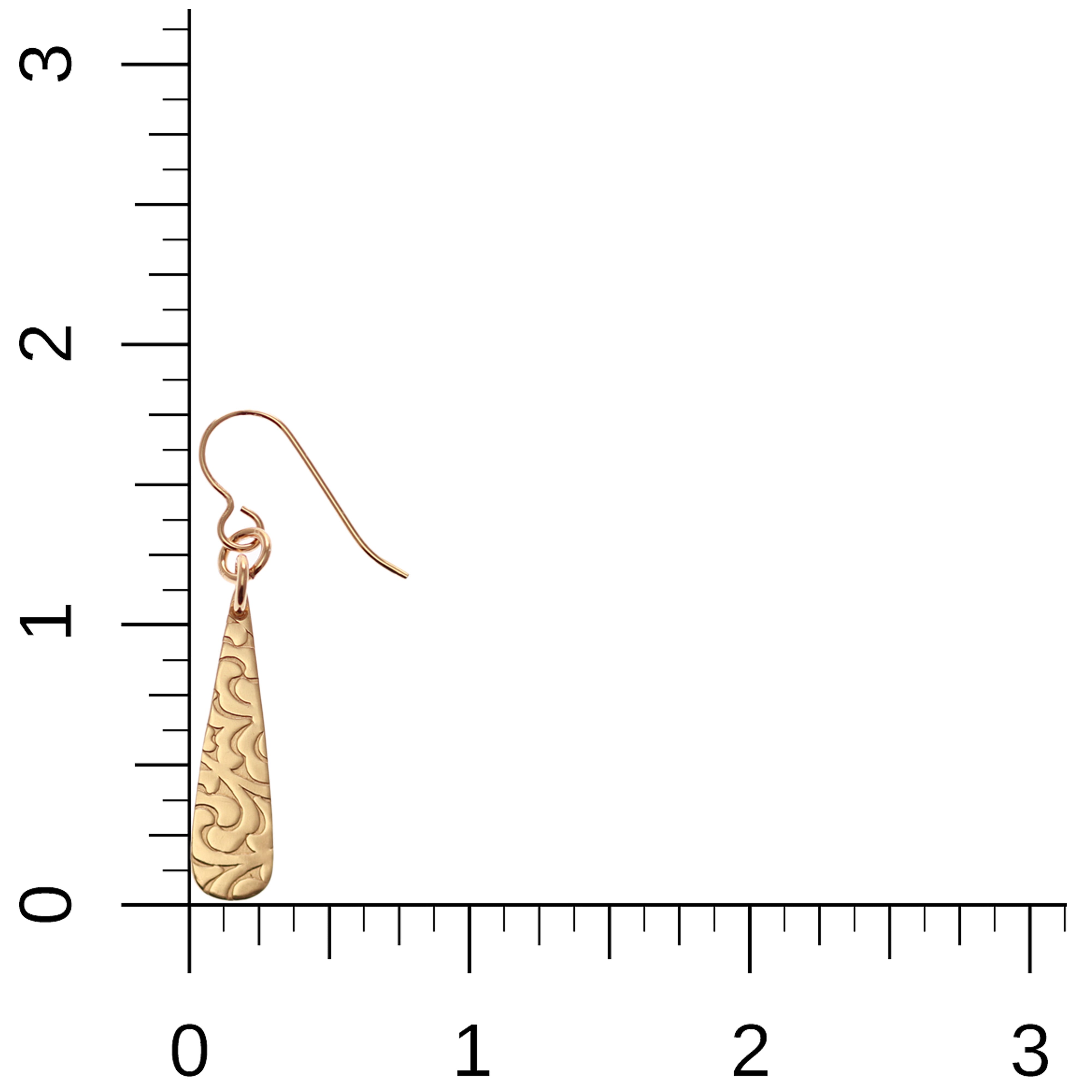 5 of 7: Damask Embossed Mini Bronze Teardrop Earrings on Ruler for Size Dimensions