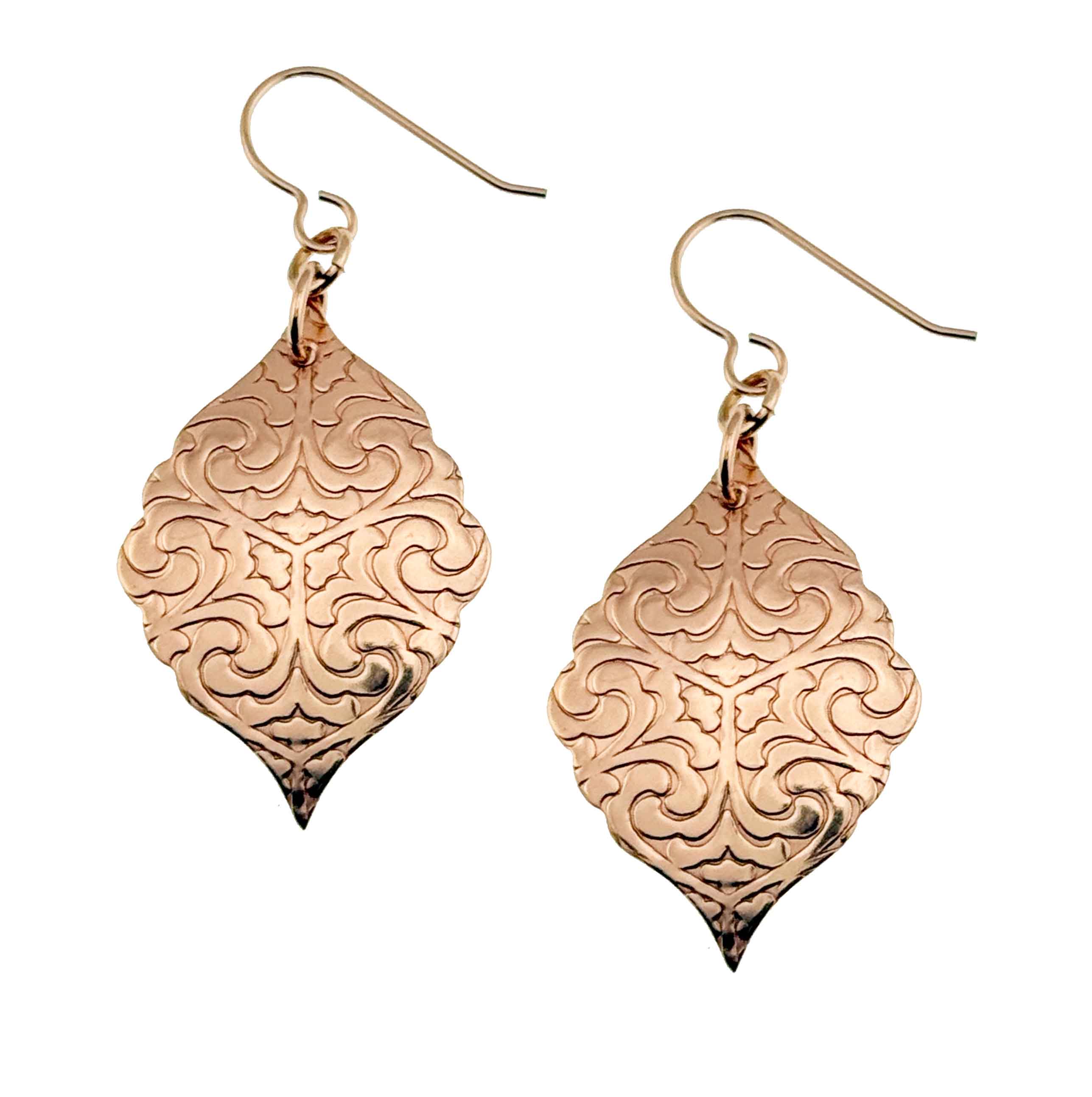 1 of 7: A Pair of Damask Embossed Bronze Moroccan Drop Earrings on a White Background