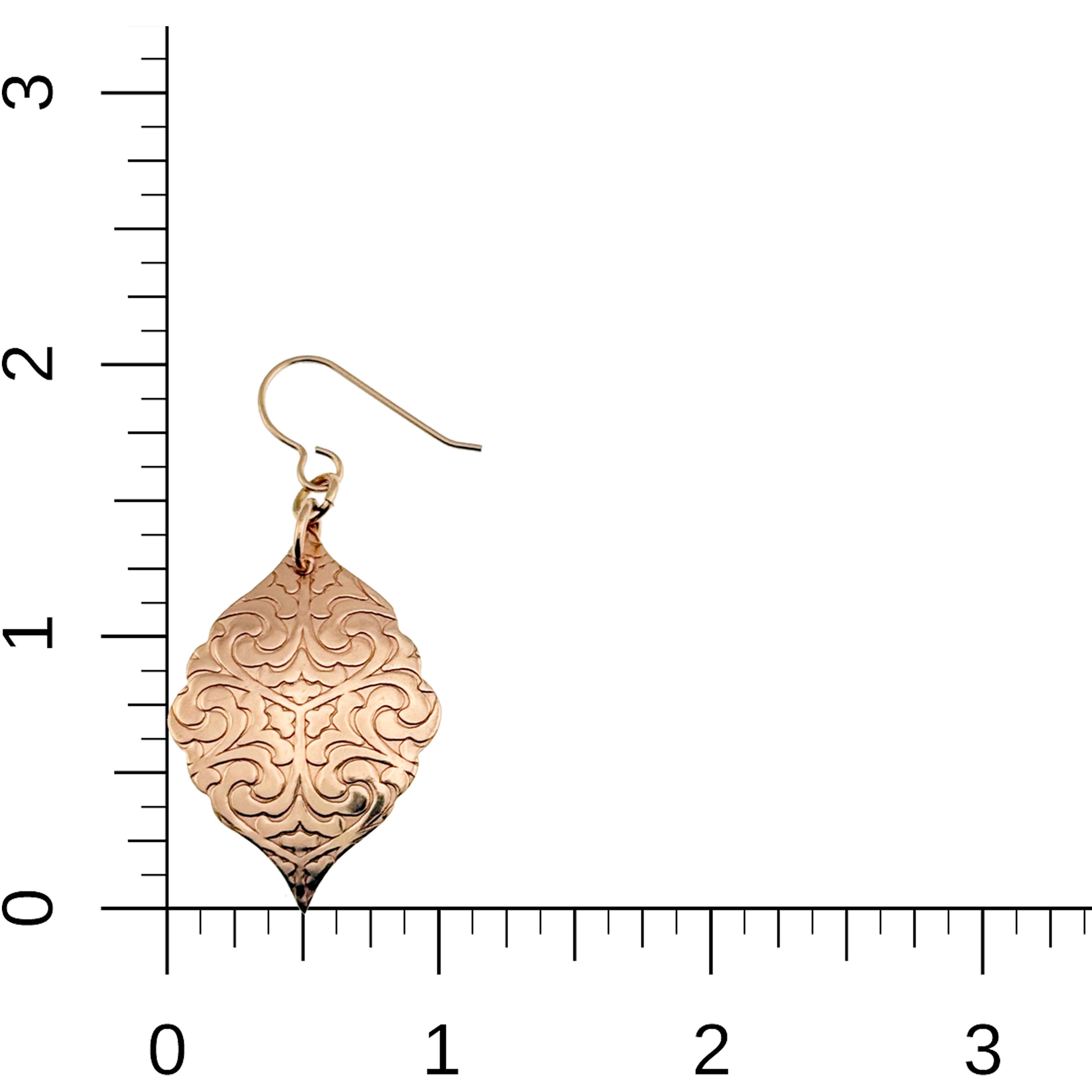 5 of 7: Damask Embossed Bronze Moroccan Drop Earrings on a Ruler for Size Dimensions