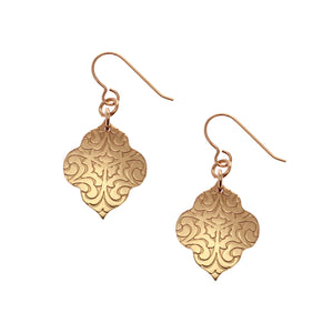 1 of 8: A Pair of Damask Embossed Bronze Quatrefoil Drop Earrings on a White Background