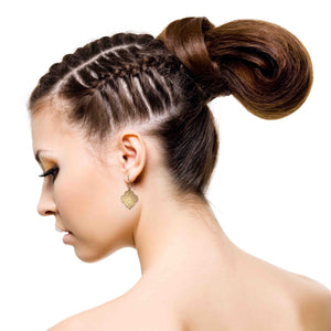 4 of 8: Stunning Woman Wearing Damask Embossed Bronze Quatrefoil Drop Earrings