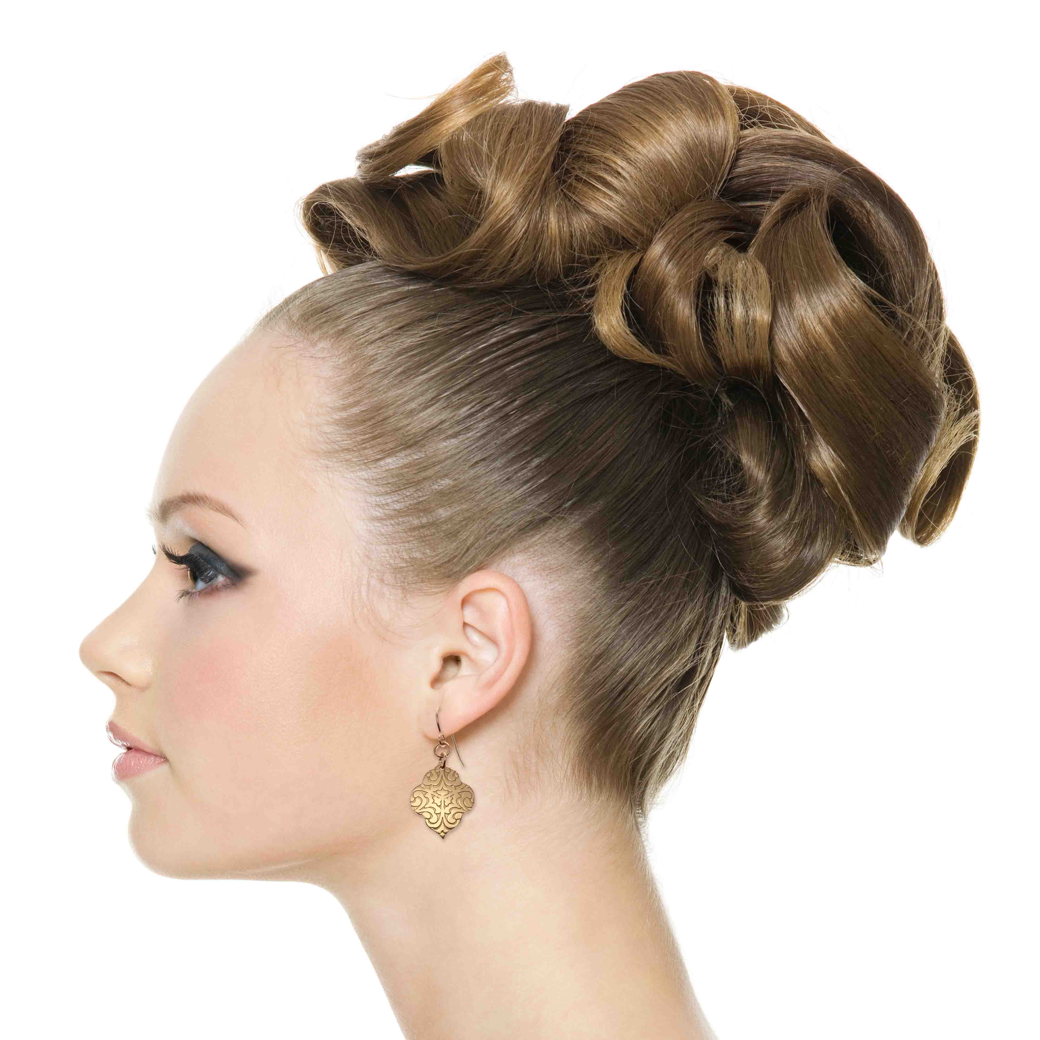 7 of 8: Elegant Woman Wearing Damask Embossed Bronze Quatrefoil Drop Earrings