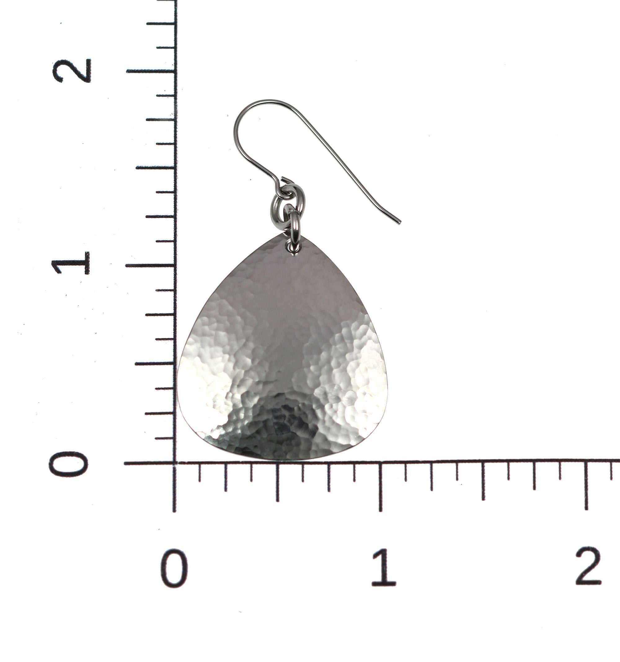 3 of 4: Scale of Hammered Triangular Stainless Steel Drop Earrings on Ruler for Size Dimensions