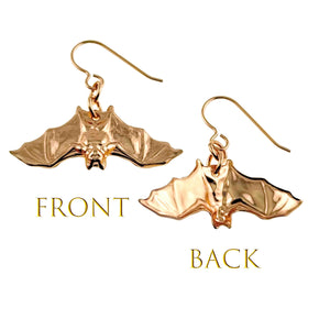 3 of 7: Hanging Bat Bronze Dangle Earrings showing front and back views on a white background.