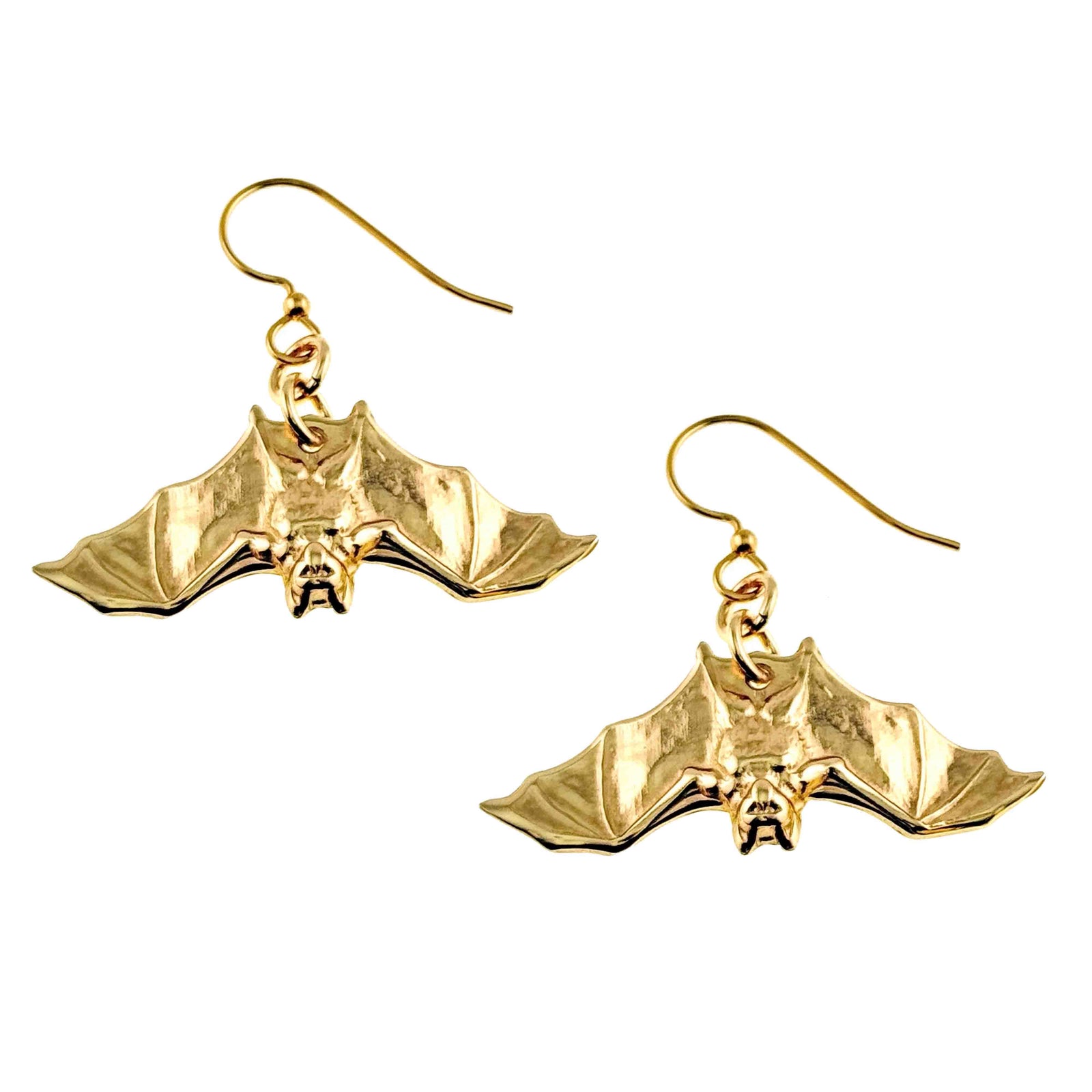 Hanging Bat Nu Gold Brass Dangle Earrings on a white background