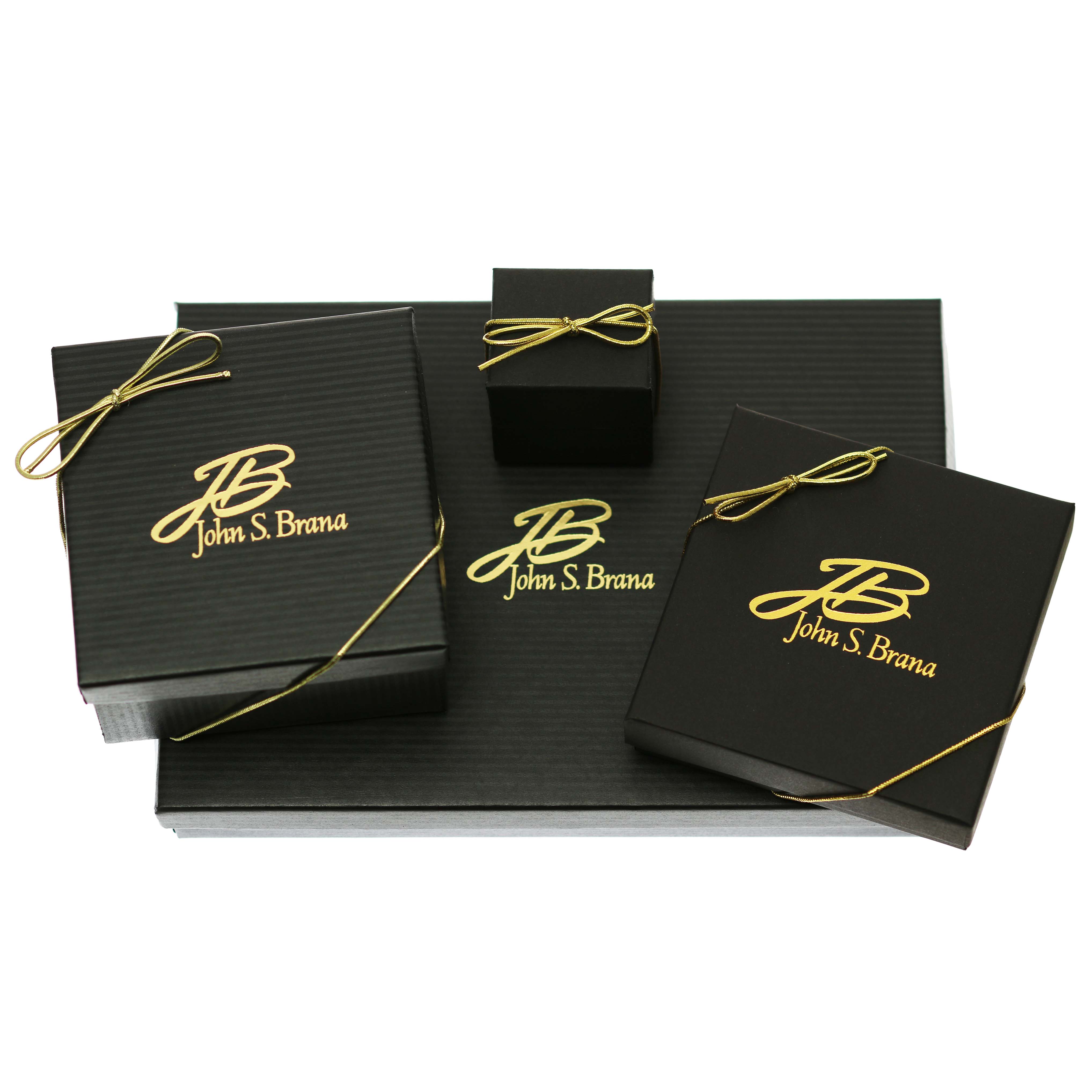 7 of 8: Various Sized John S. Brana Black Gift Boxes with Gold Ribbon and Logo