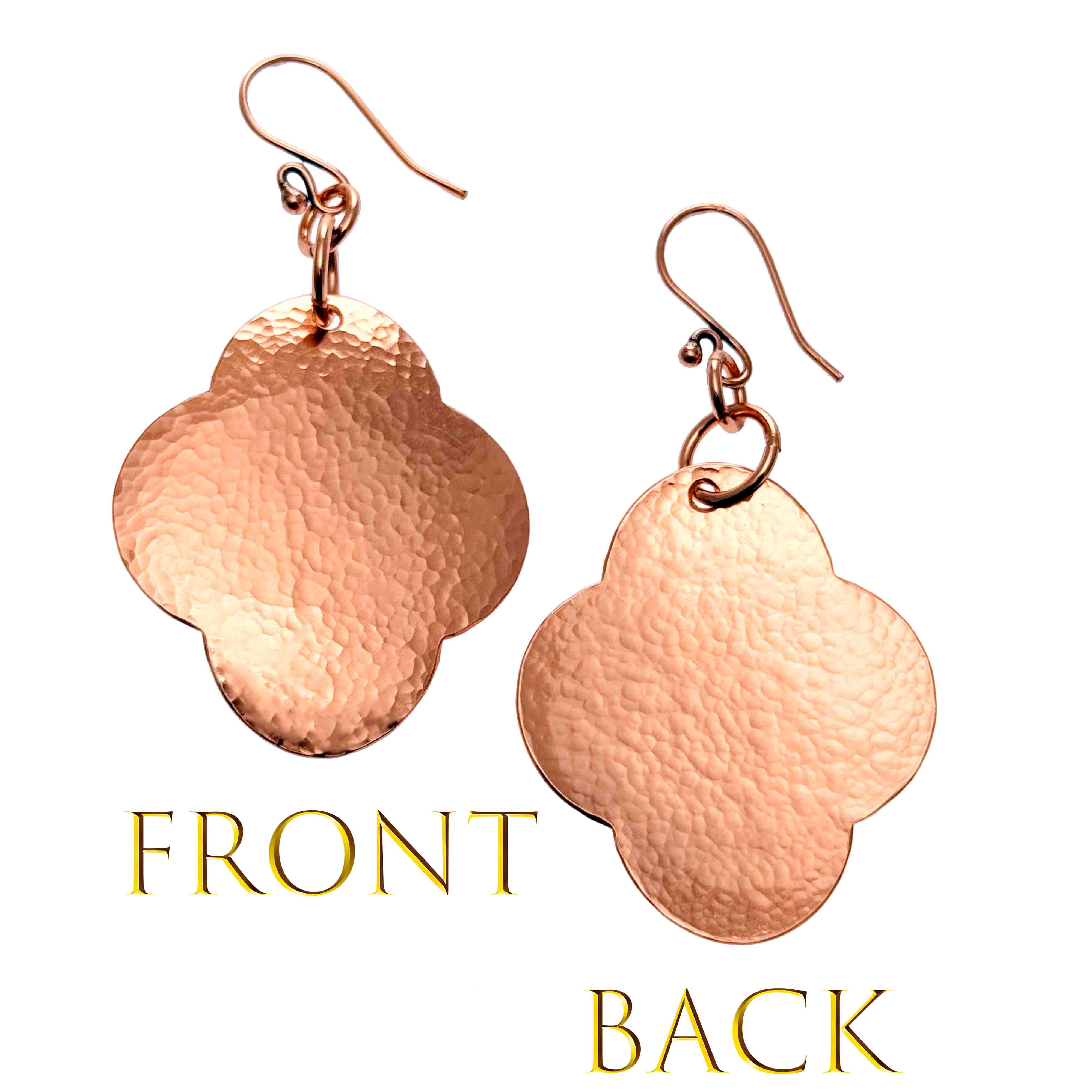 3 of 7: Front and Back Views of Large Hammered Copper Clover Drop Earrings