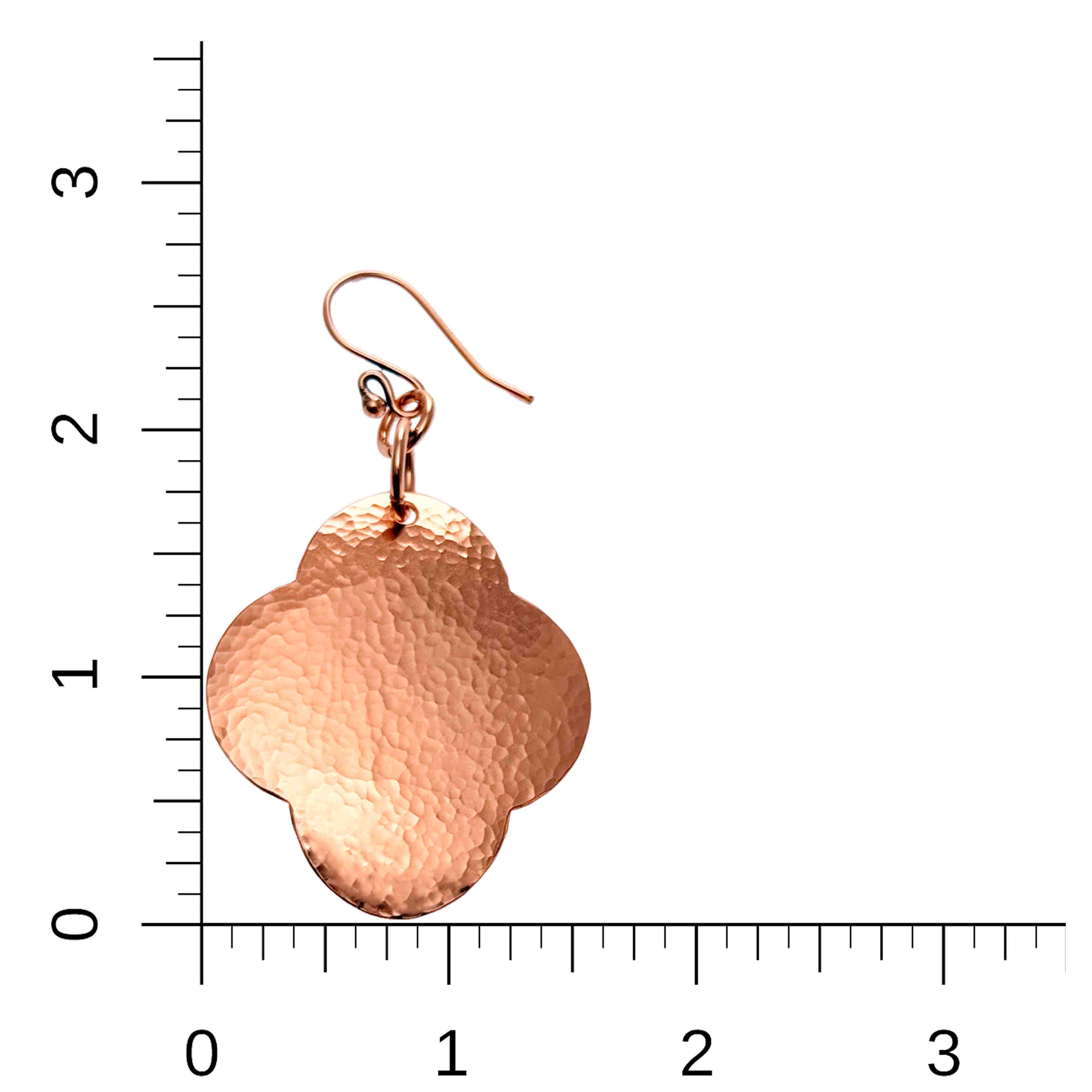 5 of 7: Large Hammered Copper Clover Drop Earrings on a Ruler for Size Dimensions