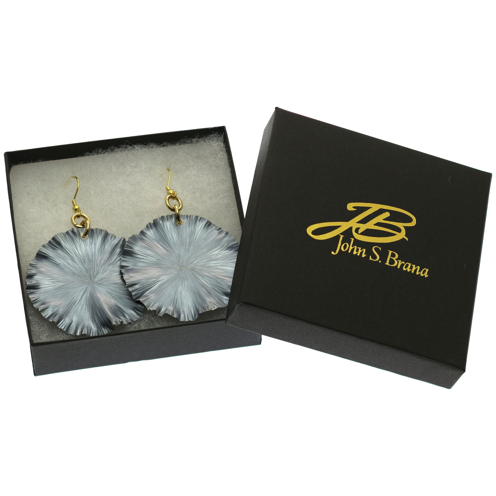 Large Lily Pad Anodized Aluminum Pewter Gray Leaf Earrings in a Black Gift Box with Gold Logo