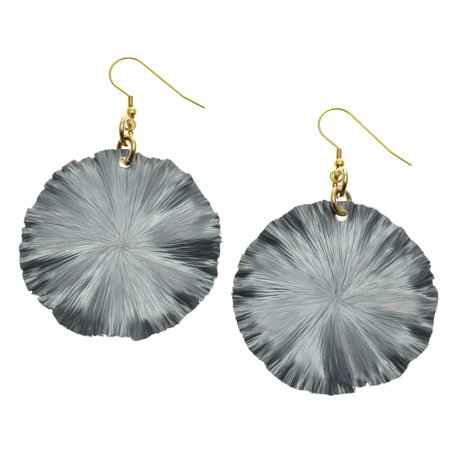 A Pair of Large Lily Pad Anodized Aluminum Pewter Gray Leaf Earrings on a White Background