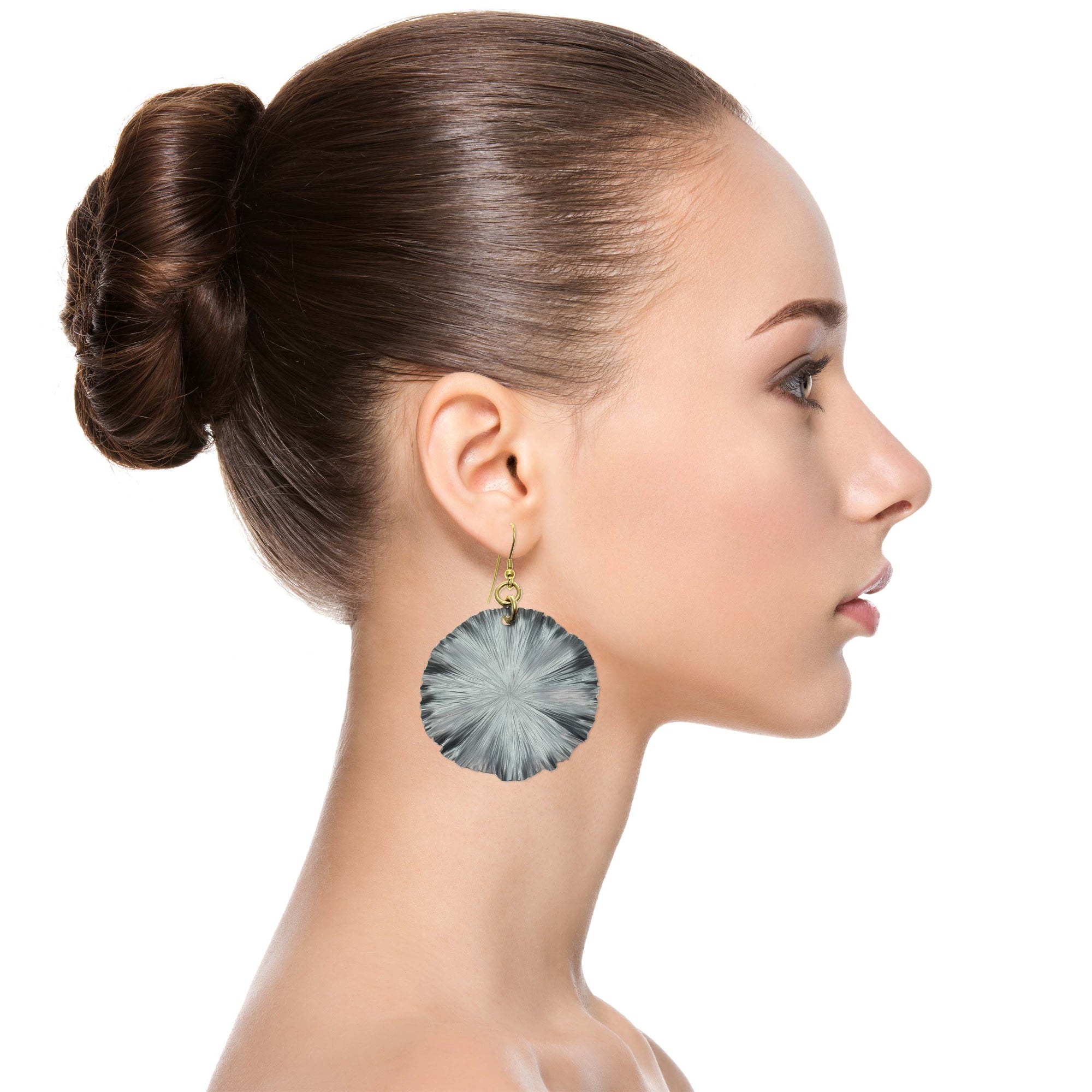 Stylish Women Wearing Large Lily Pad Anodized Aluminum Pewter Gray Leaf Earrings