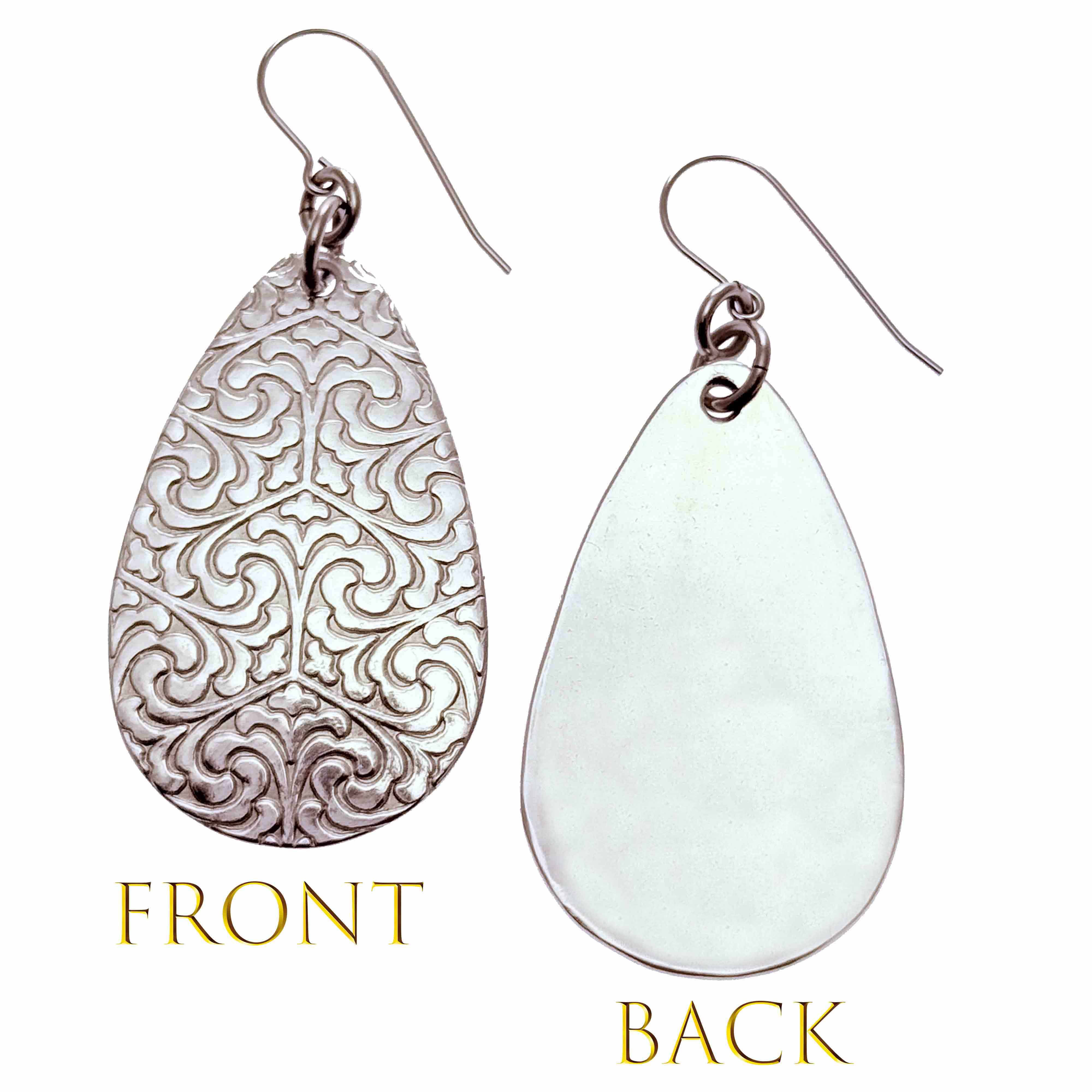 3 of 8: Front and Back Views of Damask Embossed Large Aluminum Teardrop Earrings