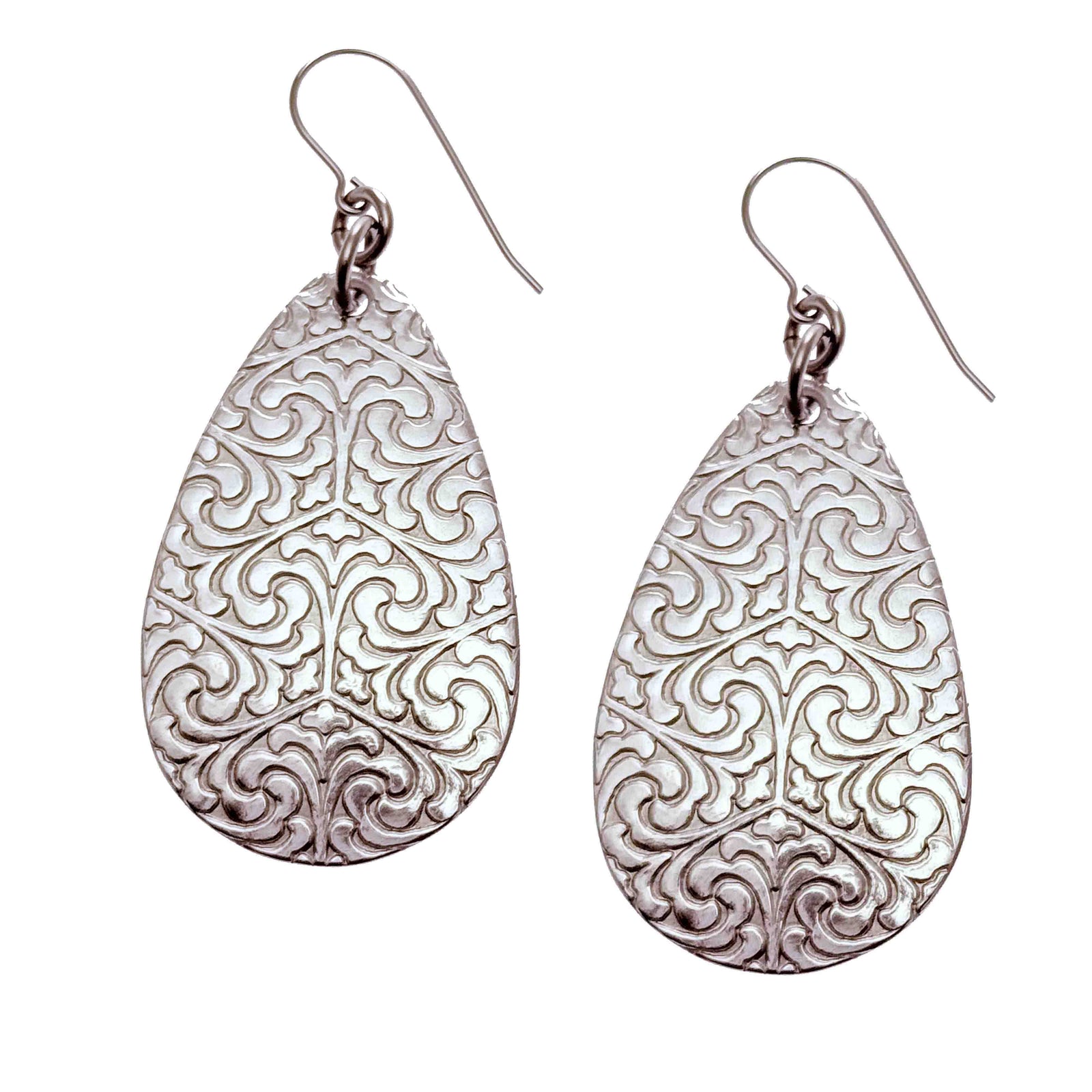 A Pair of Damask Embossed Large Aluminum Teardrop Earrings on a White Background