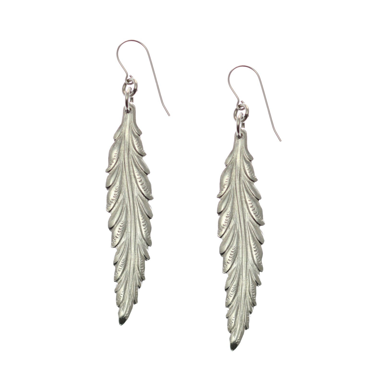 A Pair of Long Feather Aluminum Drop Earrings on a White Background