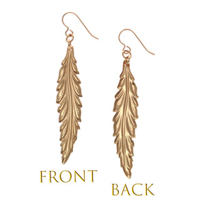 3 of 7: Long Feather Bronze Drop Earrings - Front and Back View