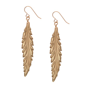 1 of 7: A Pair of Long Feather Bronze Drop Earrings on a White Background