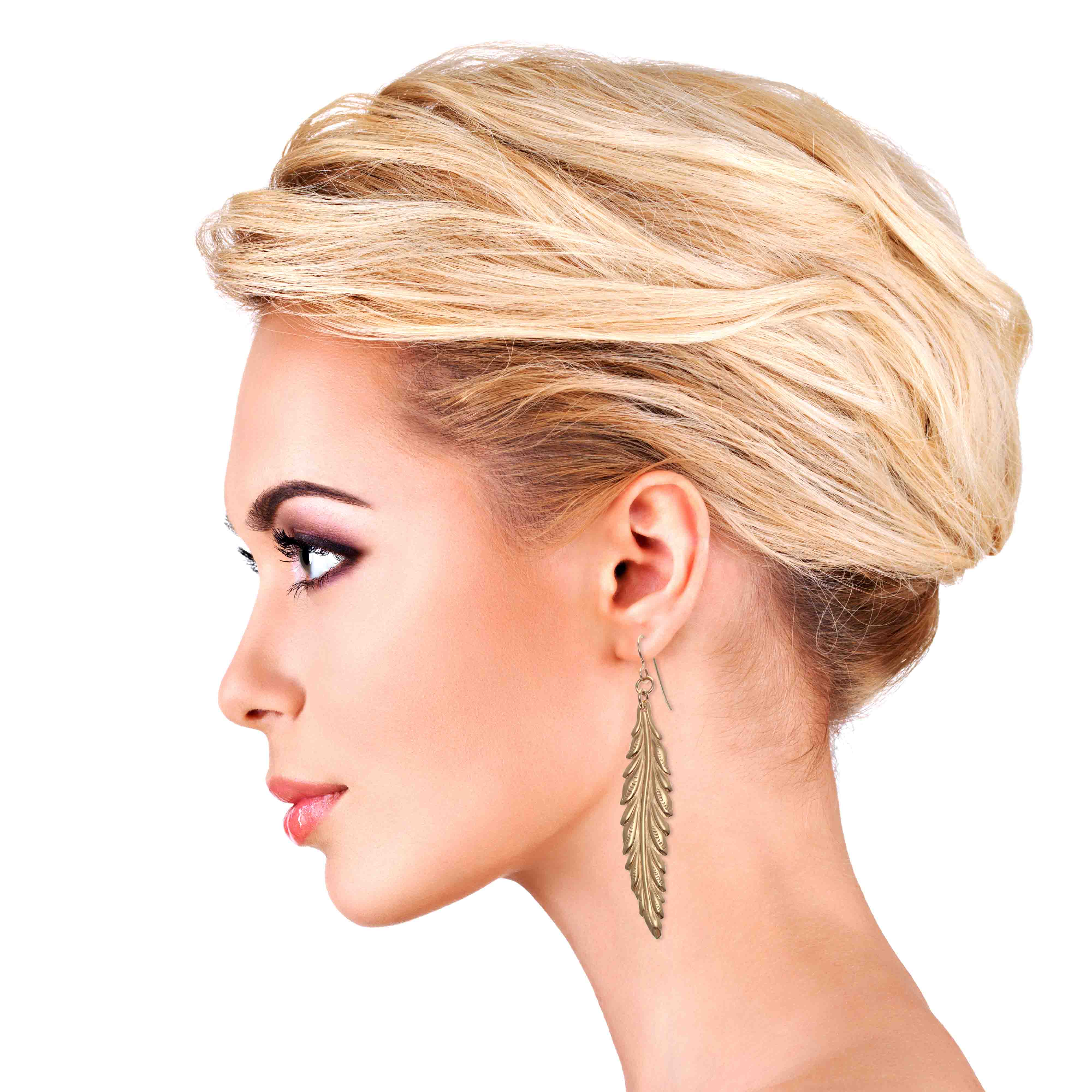 6 of 7: Elegant Blonde Woman Wearing Long Feather Bronze Drop Earrings
