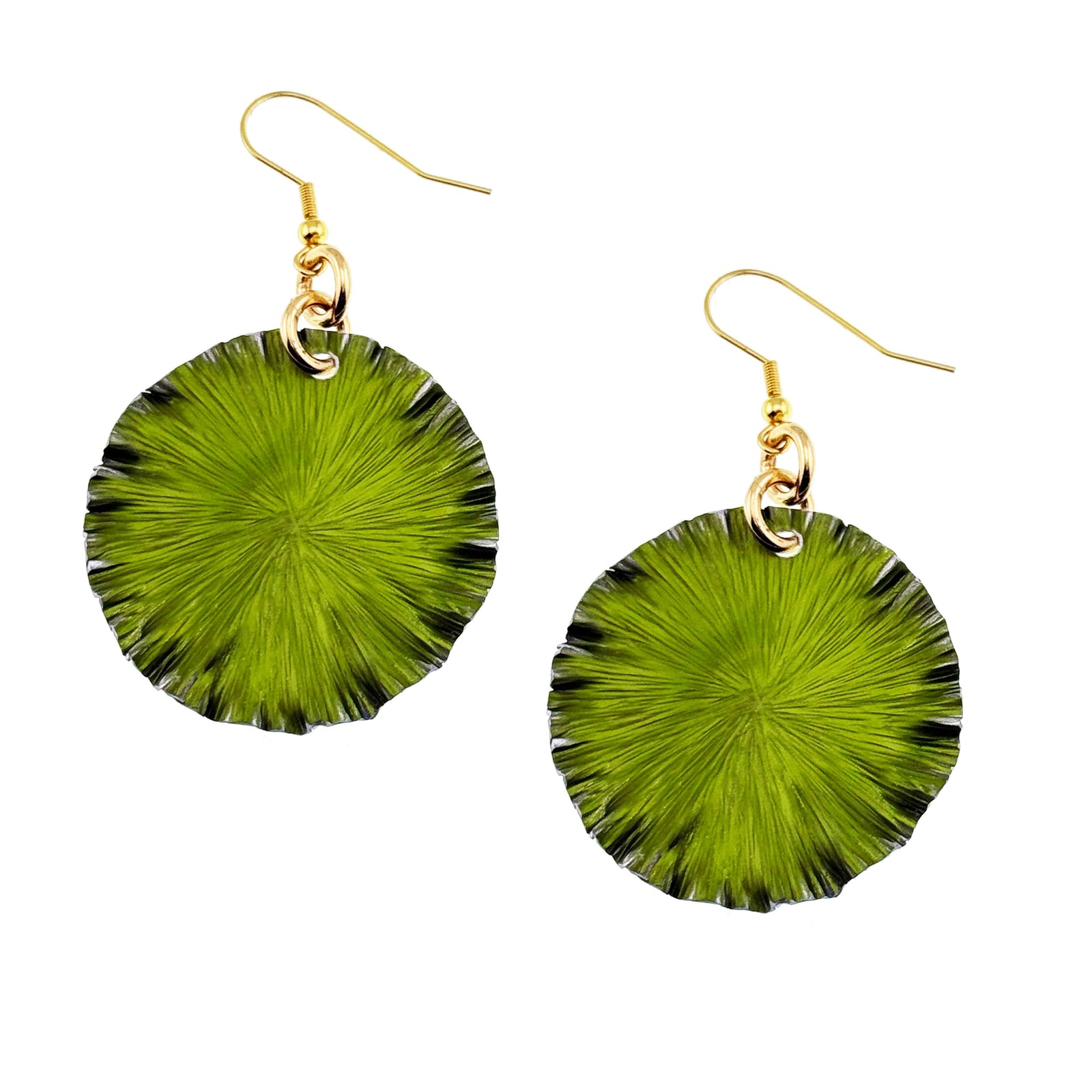 A Pair of Medium Lime Anodized Aluminum Lily Pad Earrings on a White Background