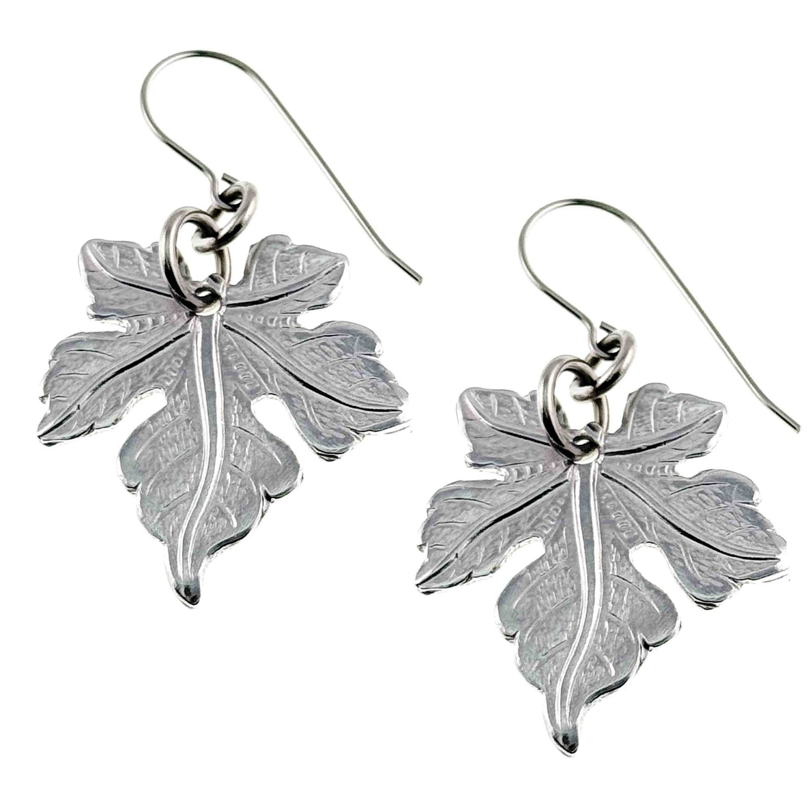Medium Maple Leaf Aluminum Dangle Earrings on a white background