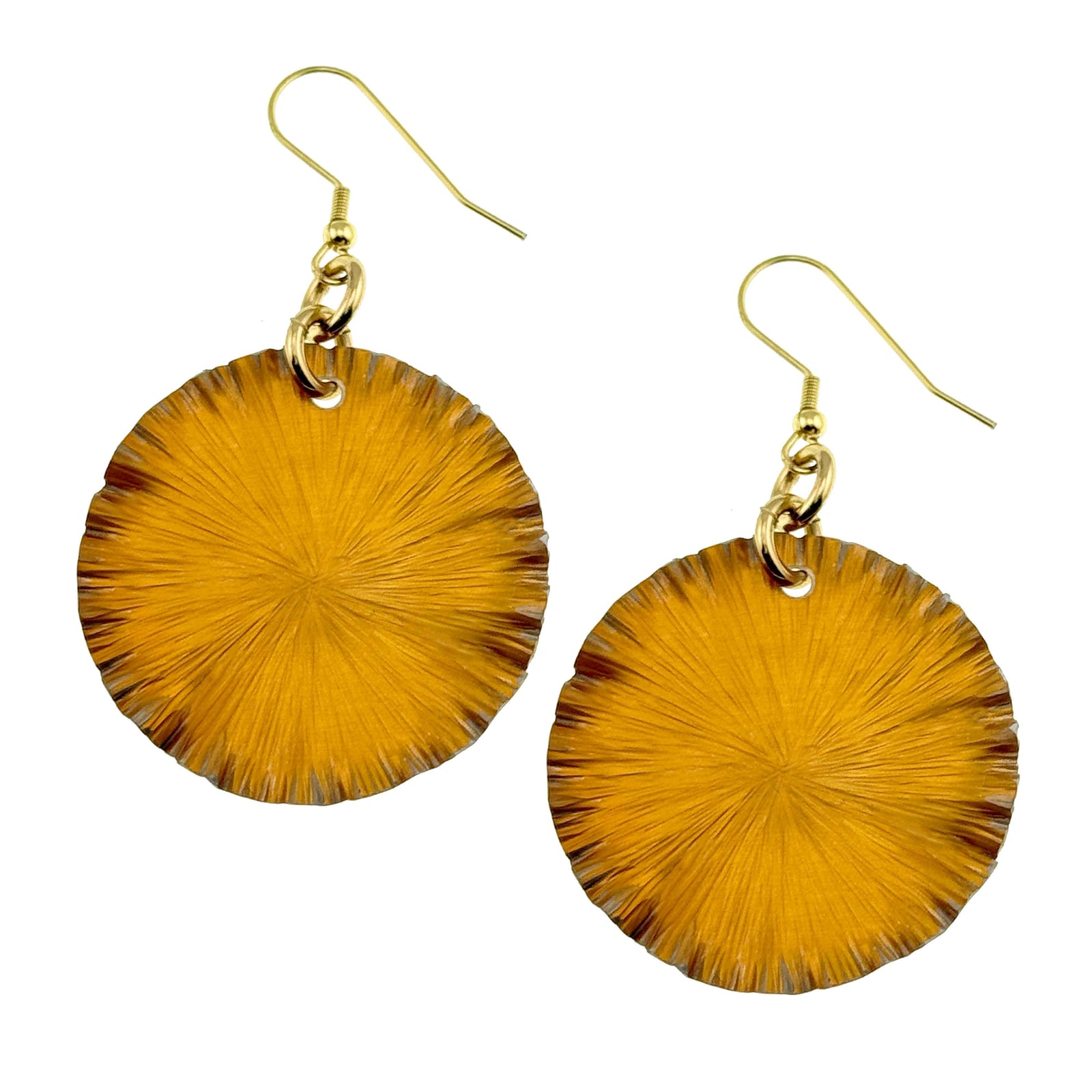 A Pair of Medium Orange Anodized Aluminum Lily Pad Earrings on a White Background