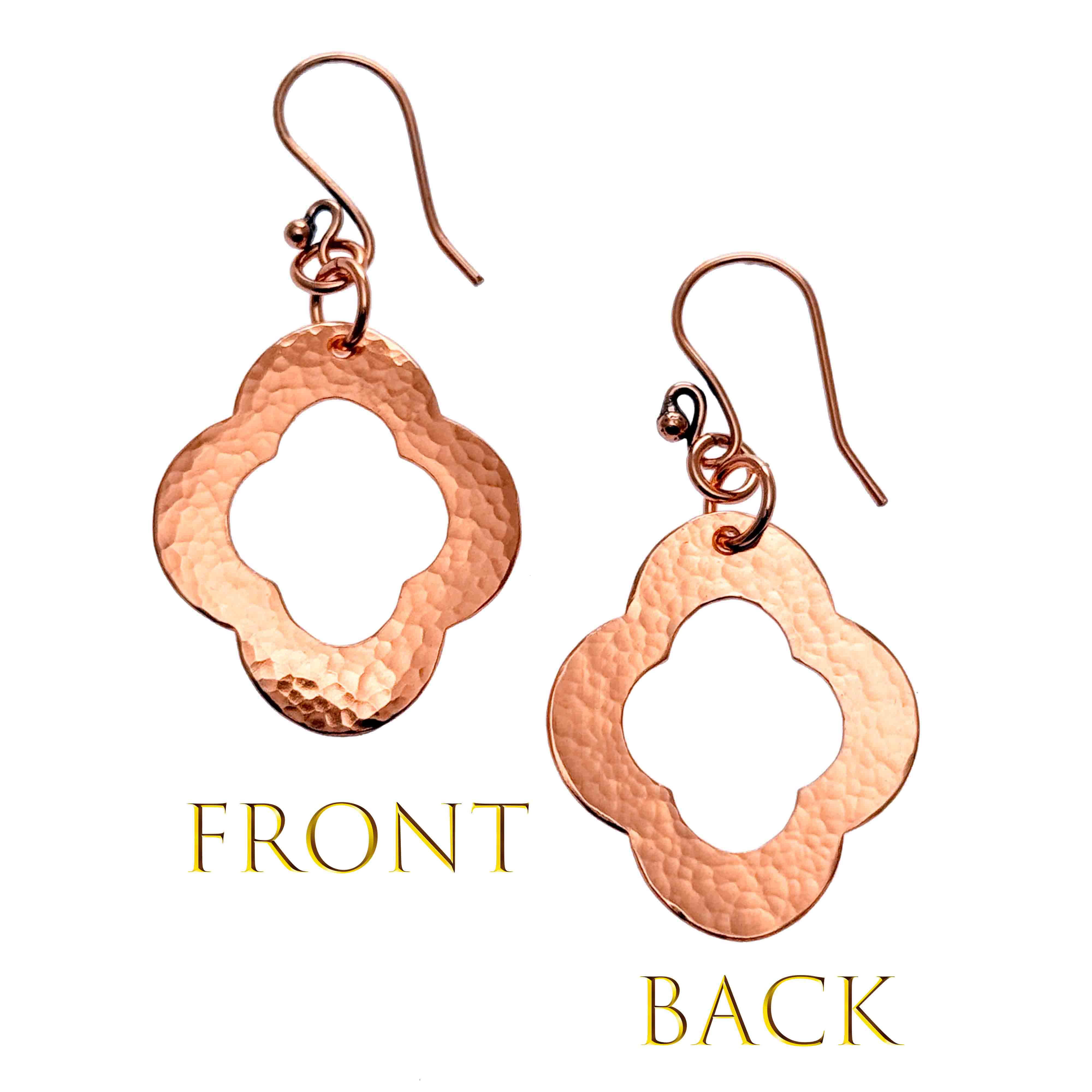3 of 8: Front and Back Views of Medium Pierced Copper Clover Drop Earrings