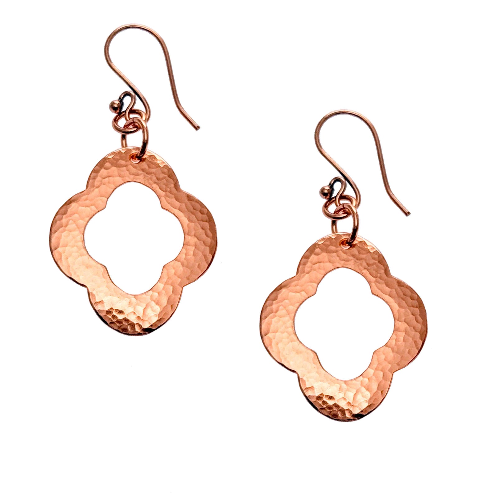 A Pair of Medium Pierced Copper Clover Drop Earrings on a White Background