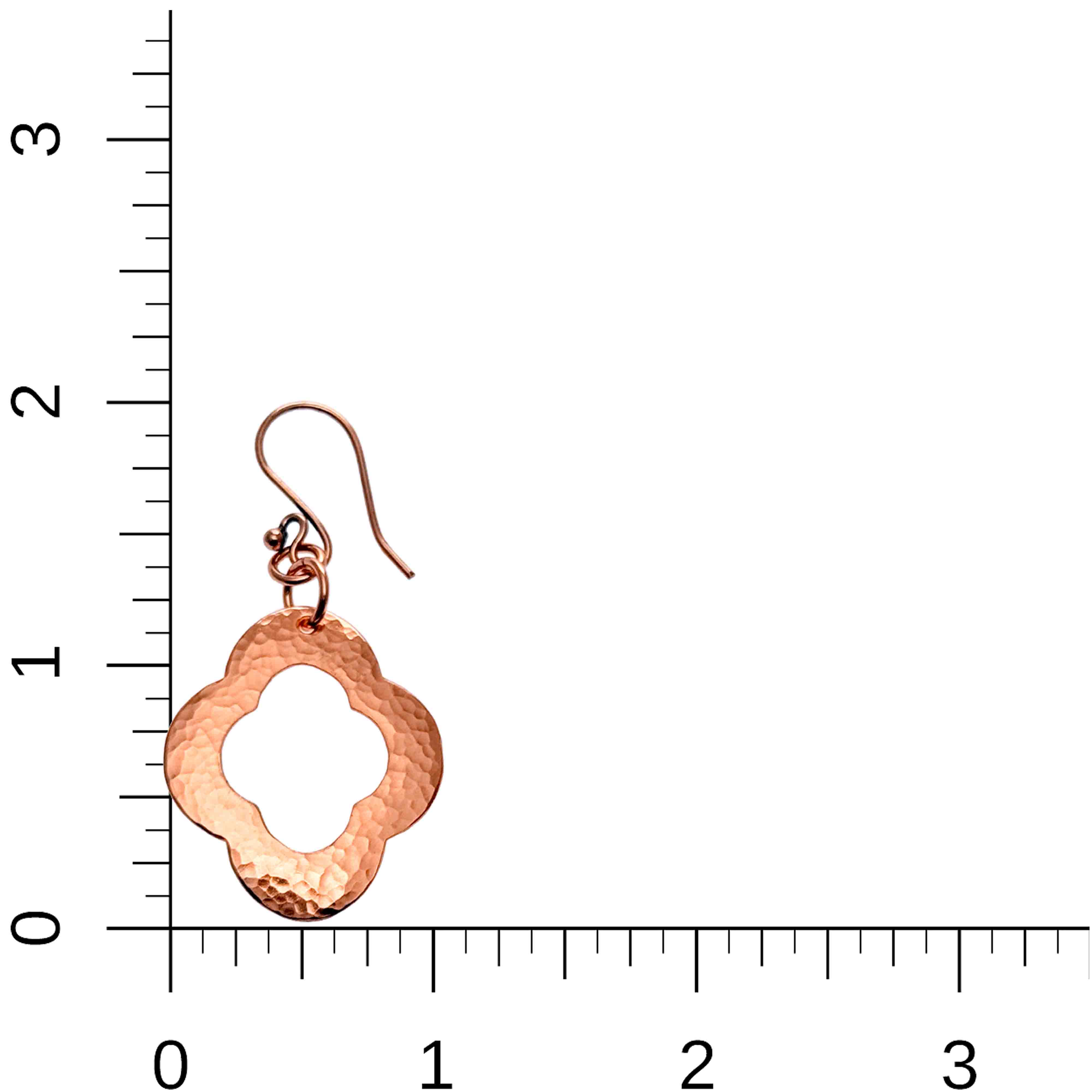 5 of 8: Medium Pierced Copper Clover Drop Earrings on a Ruler for Size Dimensions