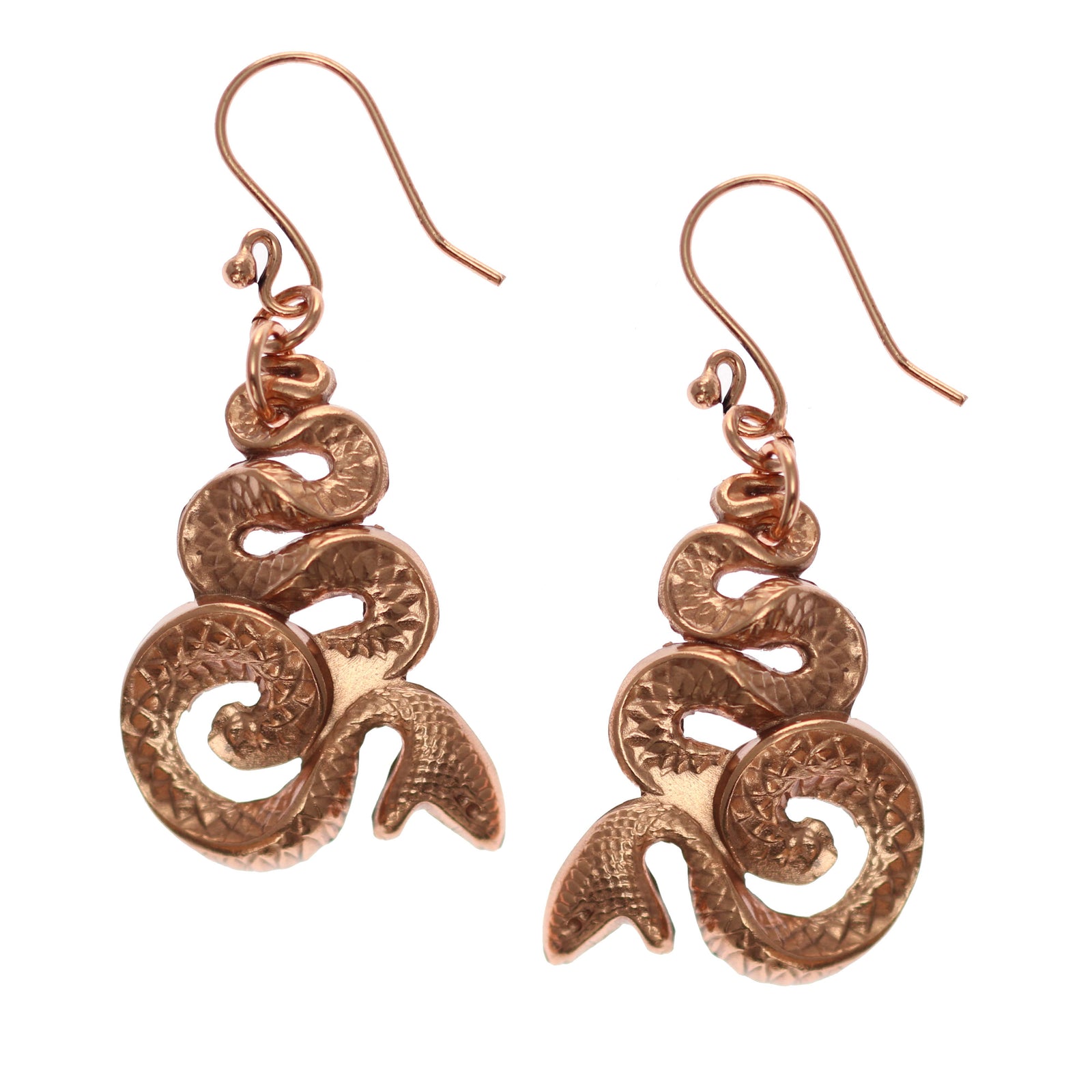 A Pair of Mystic Snake Copper Drop Earrings on a White Background