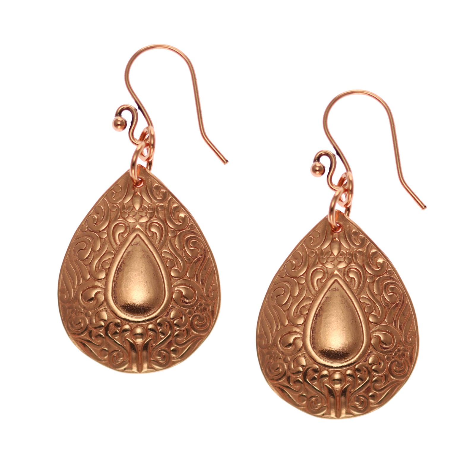 A Pair of Ornate Mandala Teardrop Copper Earrings on a White Background