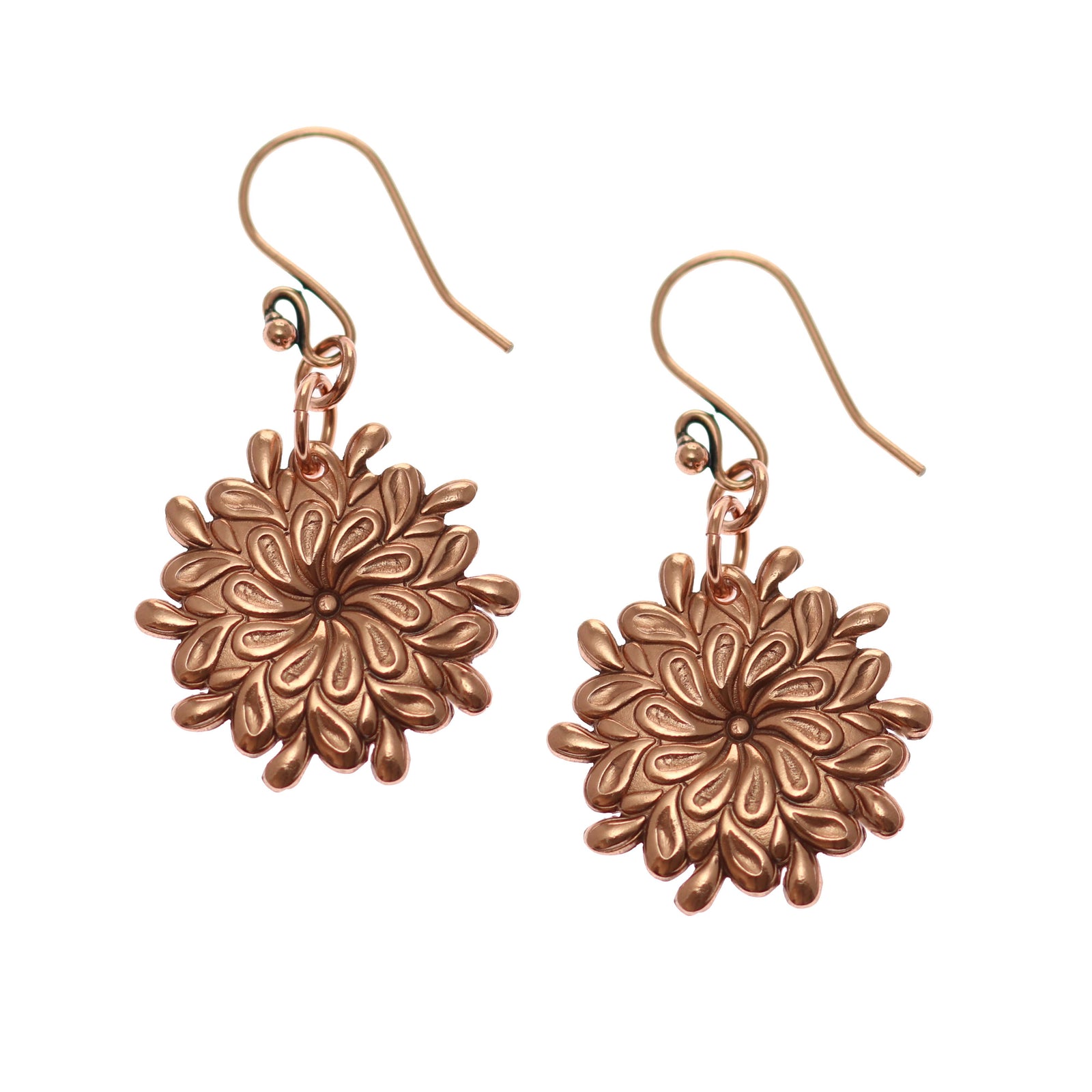 A Pair of Paisley Burst Copper Drop Earrings on a White Background