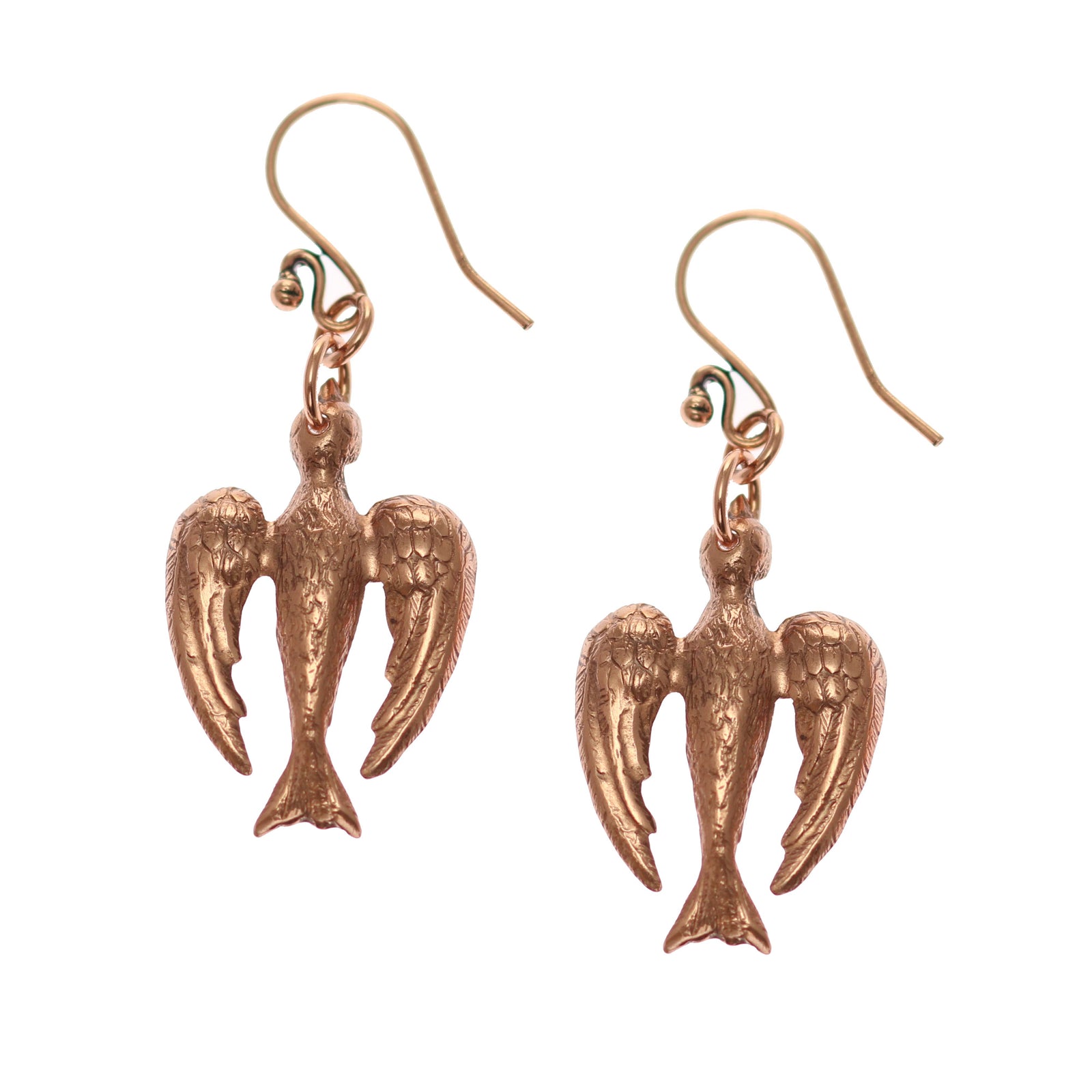 A Pair of Peace Dove Copper Drop Earrings on a White Background
