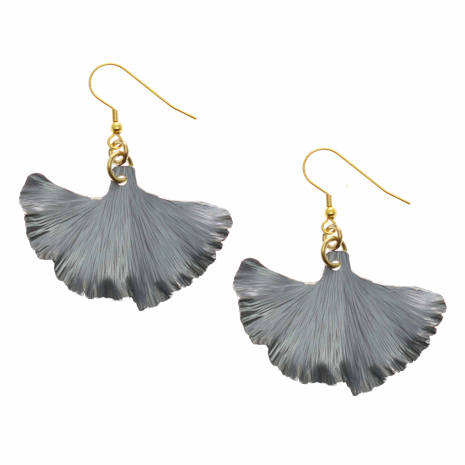 A Pair of Pewter Gray Anodized Aluminum Medium Ginkgo Leaf Earrings on a White Background