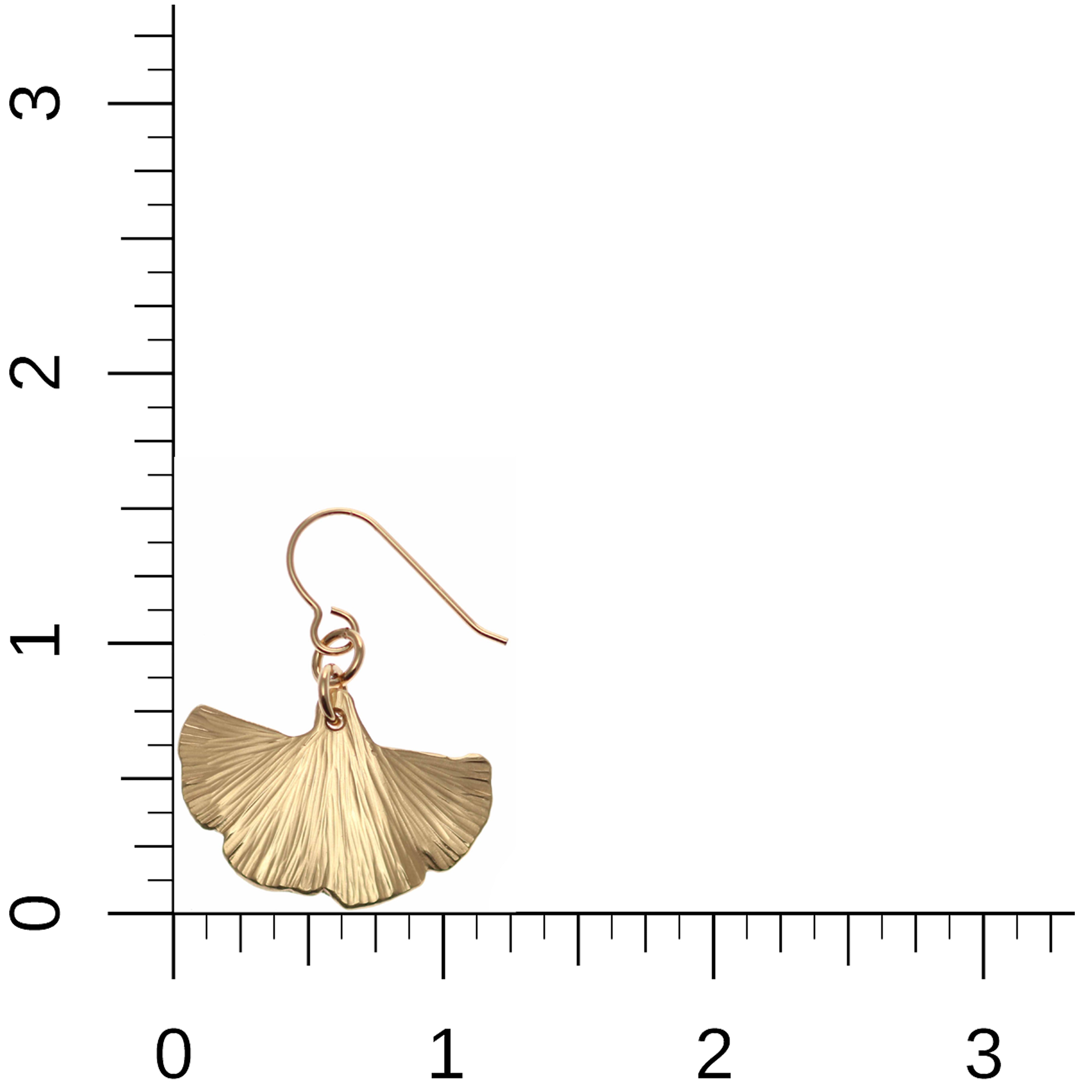 4 of 7: Small Bronze Ginkgo Leaf Earrings on a Ruler for Size Dimensions
