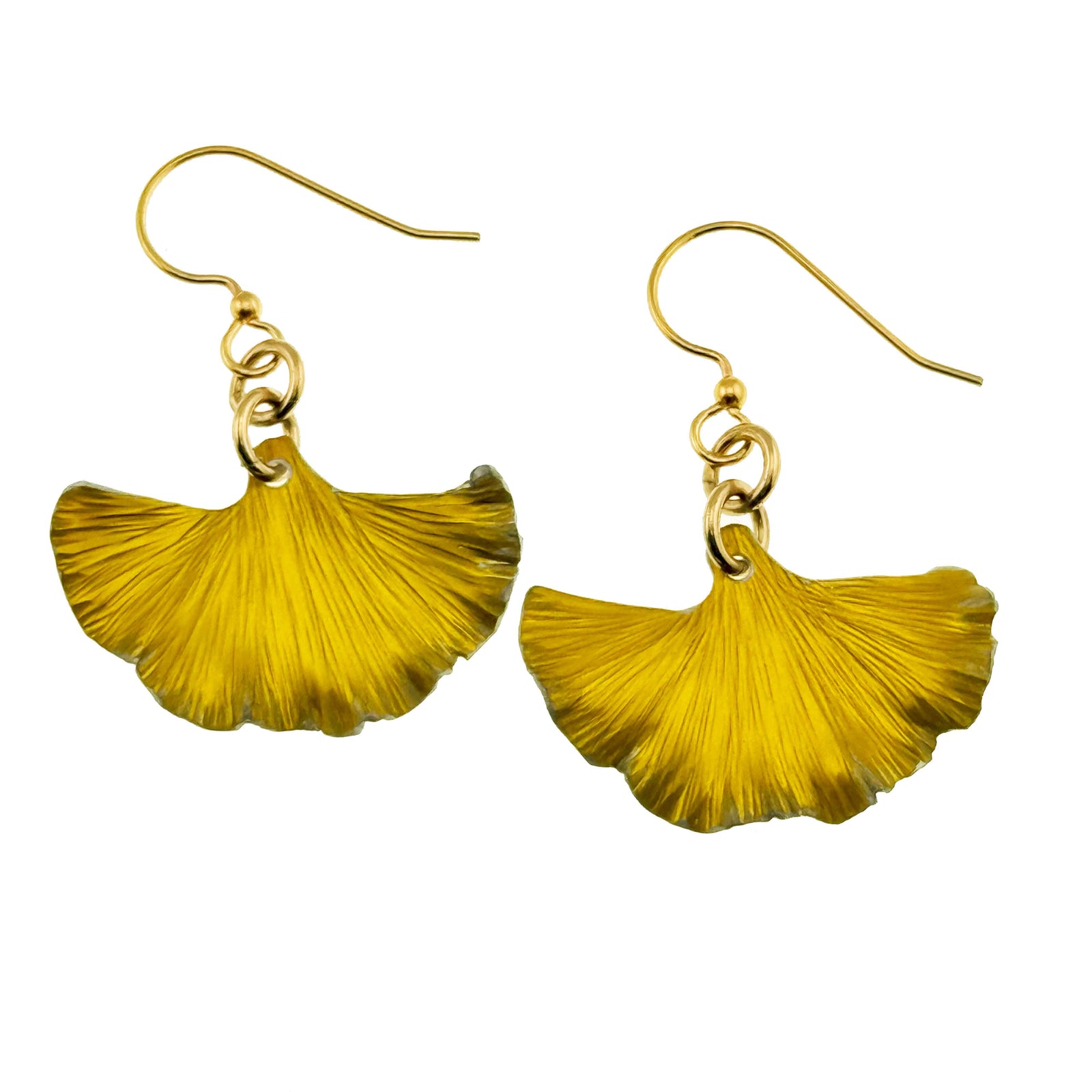 A Pair of Small Canary Yellow Anodized Aluminum Ginkgo Leaf Earrings on a White Background