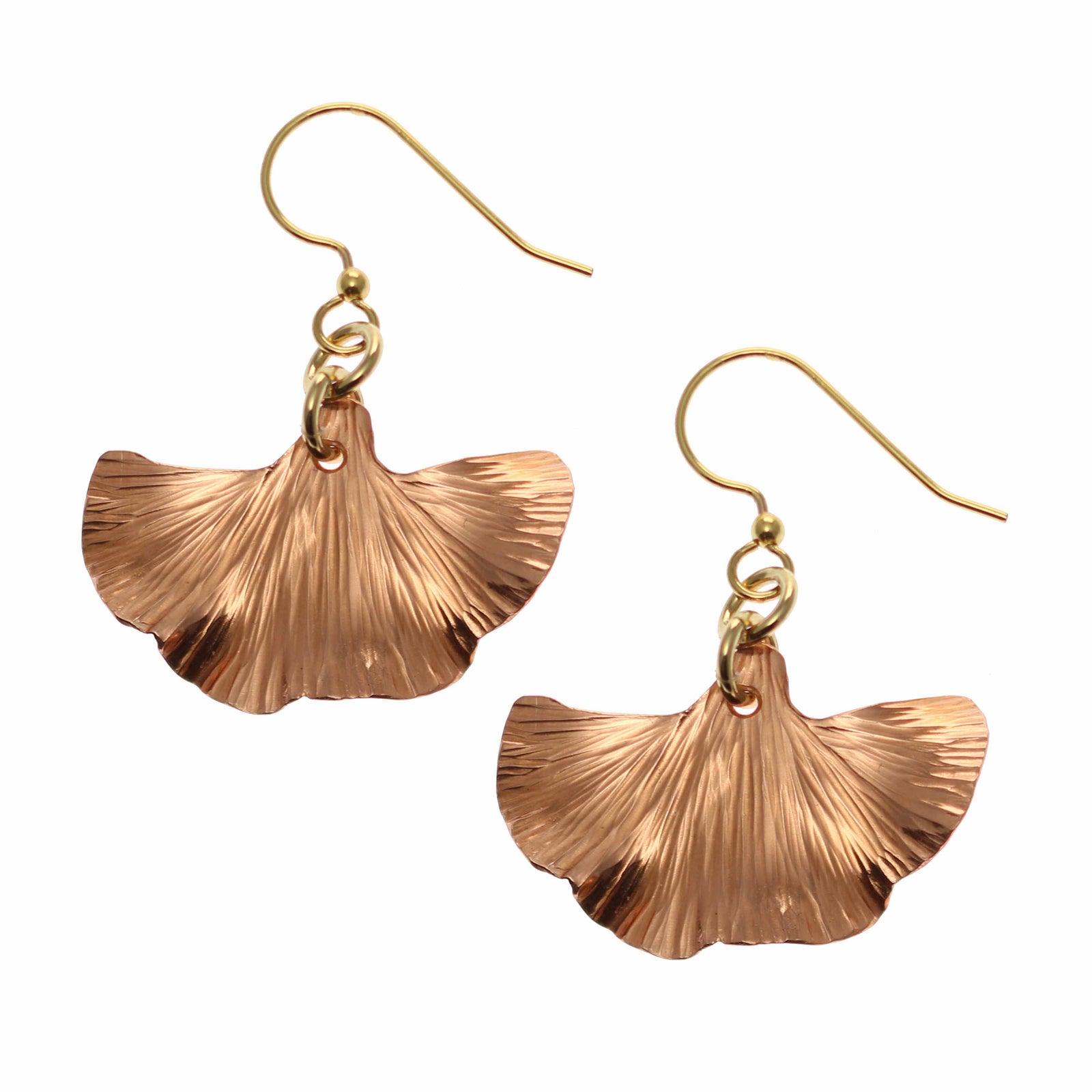 A Pair of Small Copper Ginkgo Leaf Earrings on a White Background