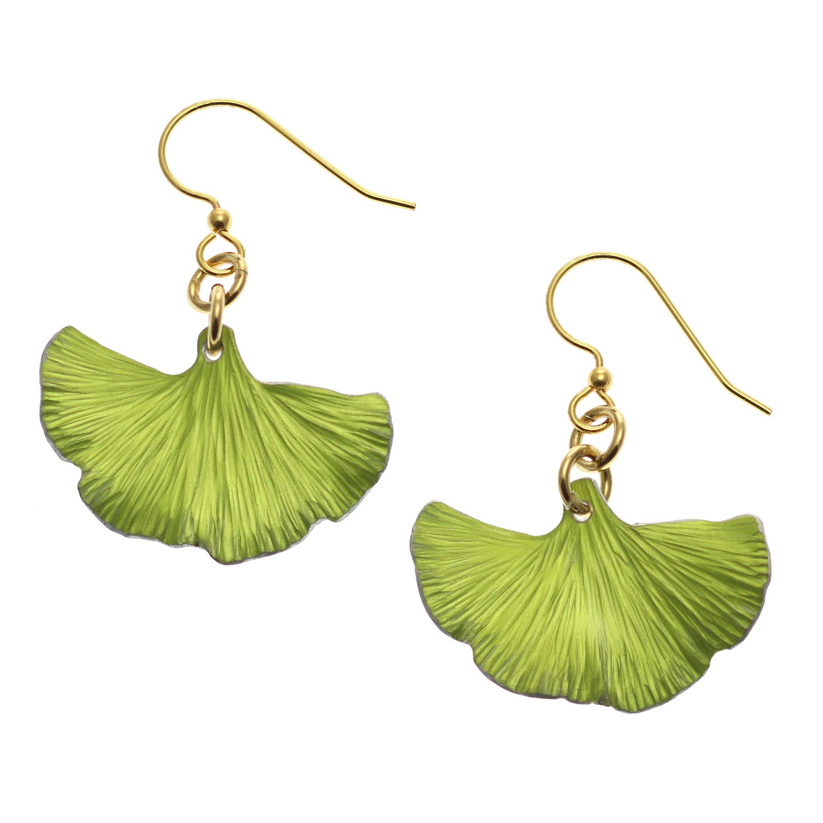 A Pair of Small Ginkgo Leaf Anodized Aluminum Sour Candy Apple Earrings on a White Background
