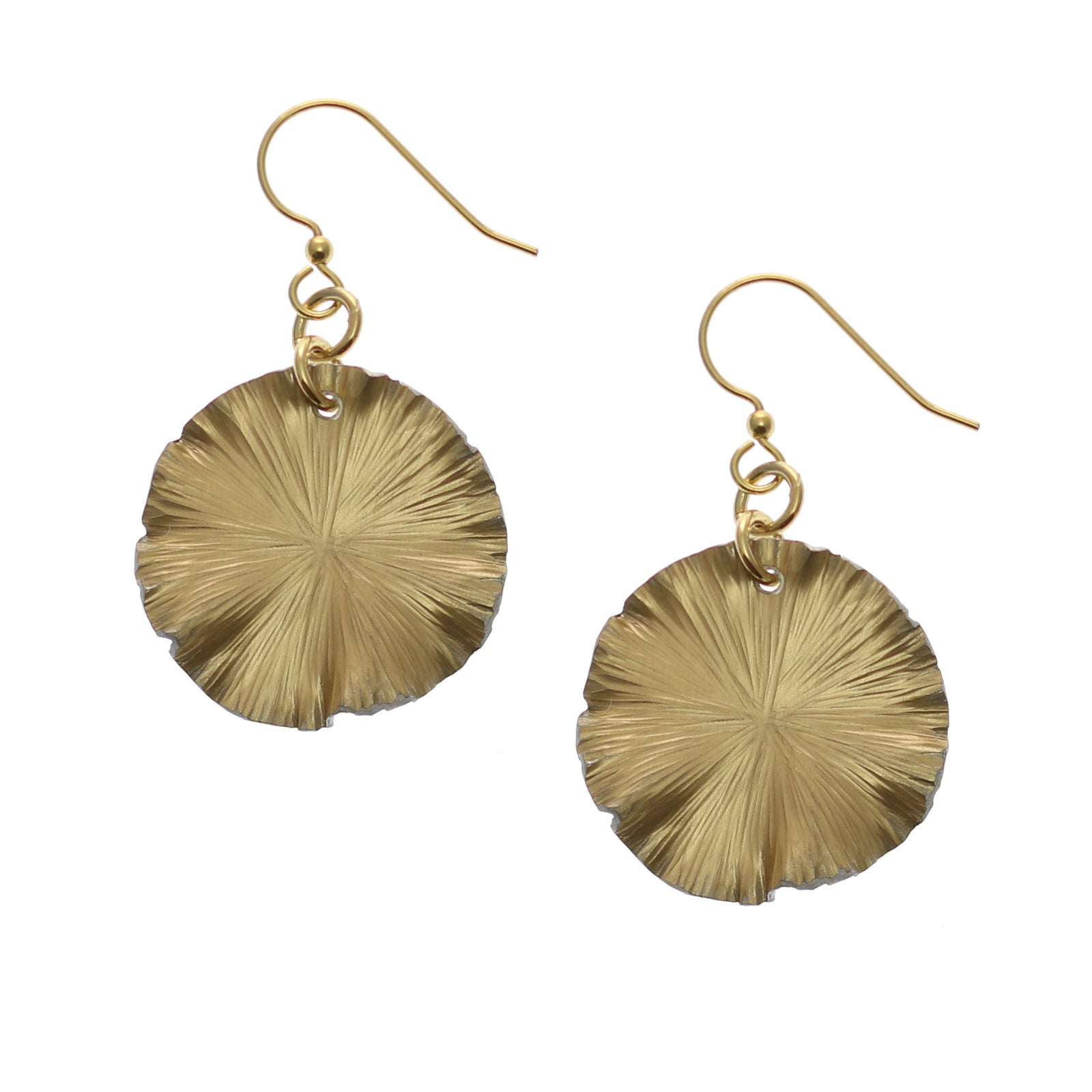 A Pair of Small Gold Anodized Lily Pad Leaf Drop Earrings on a White Background