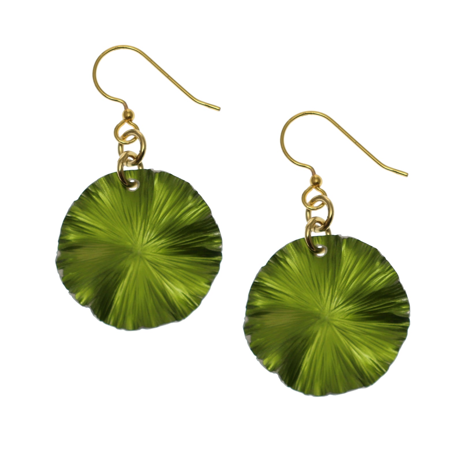 A Pair of Small Lime Green Anodized Aluminum Lily Pad Leaf Drop Earrings on a White Background