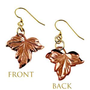 3 of 7: Small Maple Leaf Copper Dangle Earrings showing front and back views on a white background