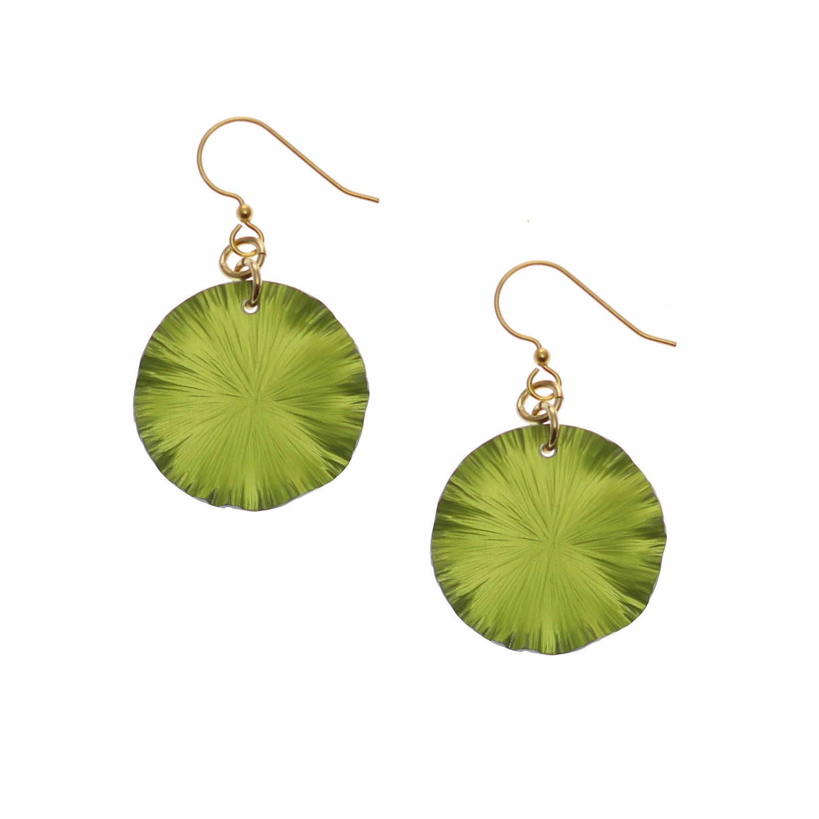 A Pair Small Sour Candy Apple Anodized Lily Pad Leaf Drop Earrings on a White Background
