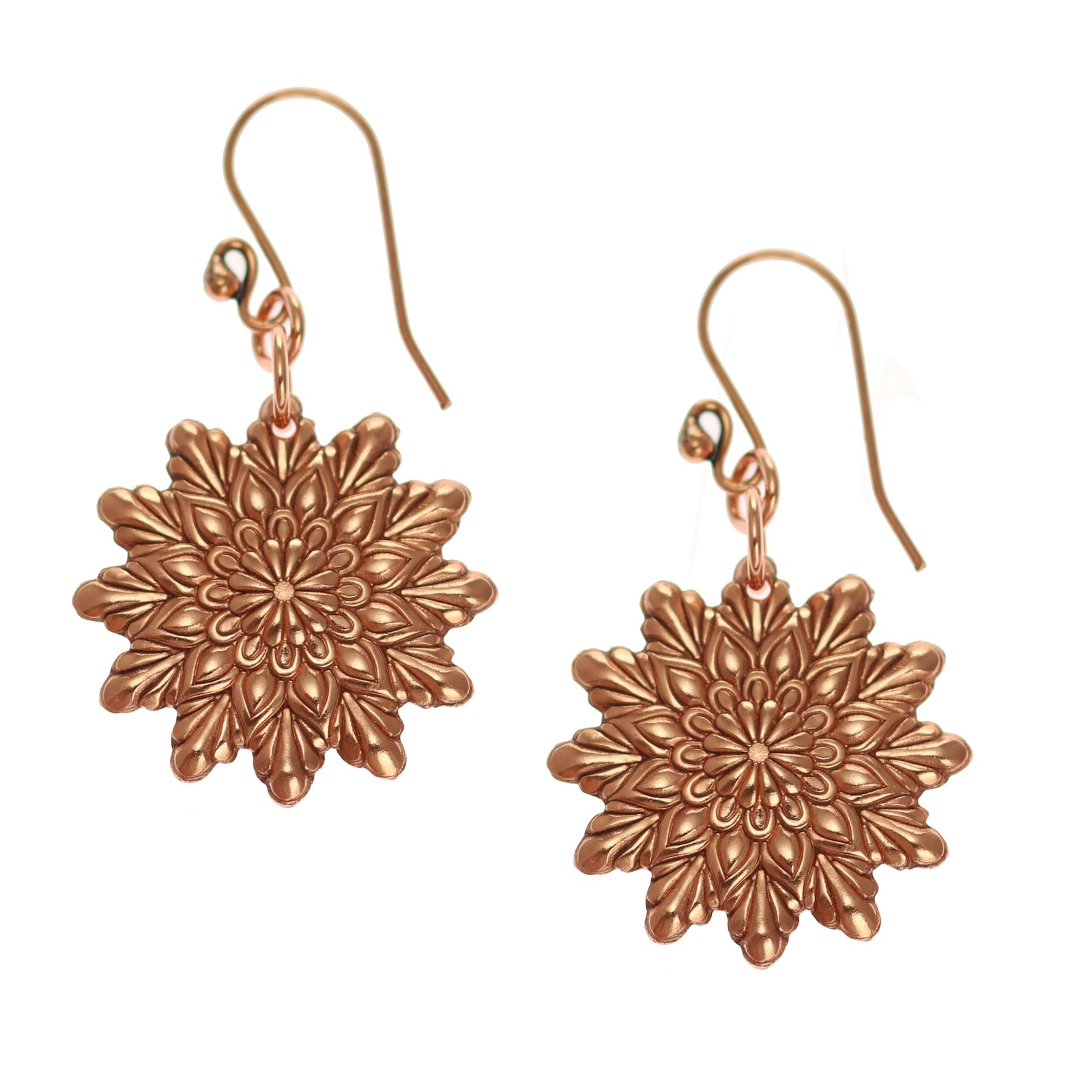 A Pair of Starburst Mandala Copper Earrings on a White Background